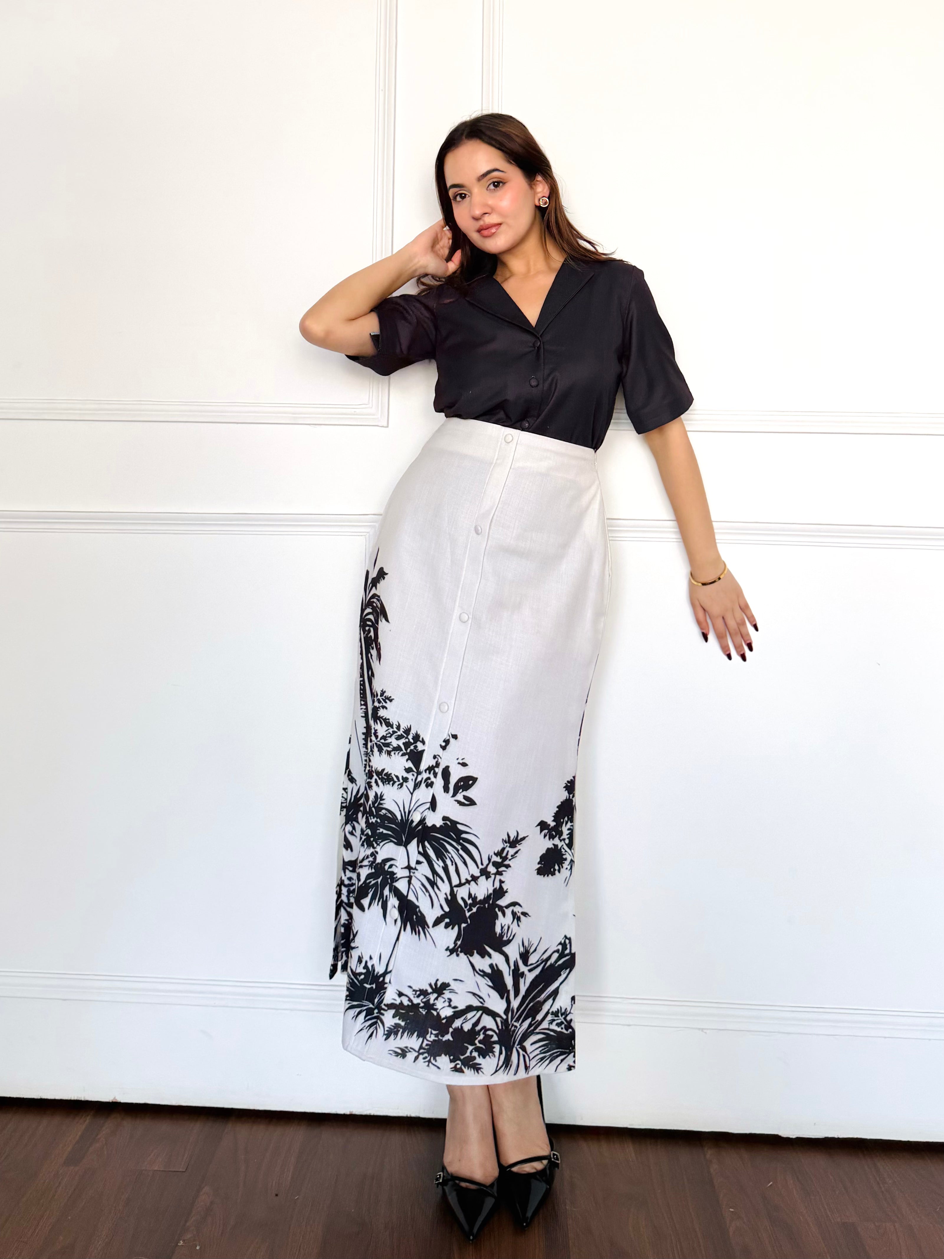 Black & White Tropical Skirt Set