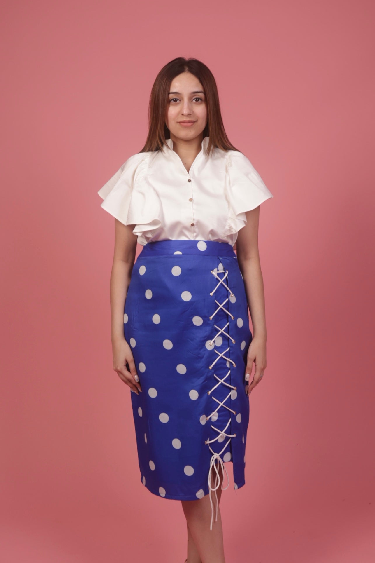 Blue Polka Skirt With Ruffle White Top