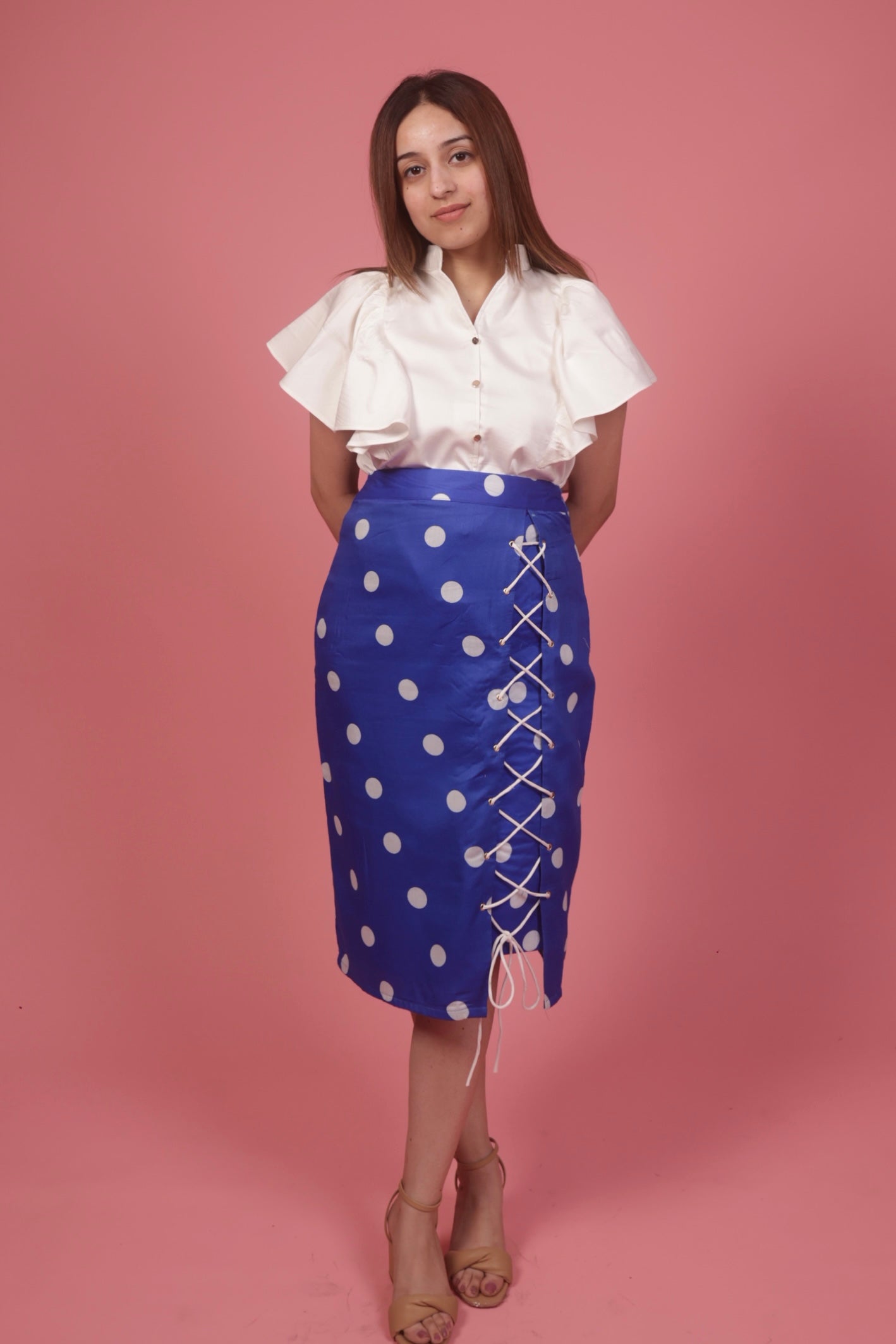 Blue Polka Skirt With Ruffle White Top