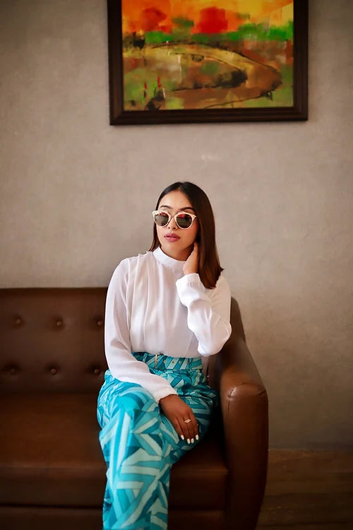 Kylie Power Coord Set With Abstract Blue Trousers