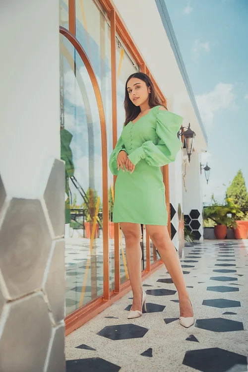 Apple Green Midi Dress With Puff Sleevez