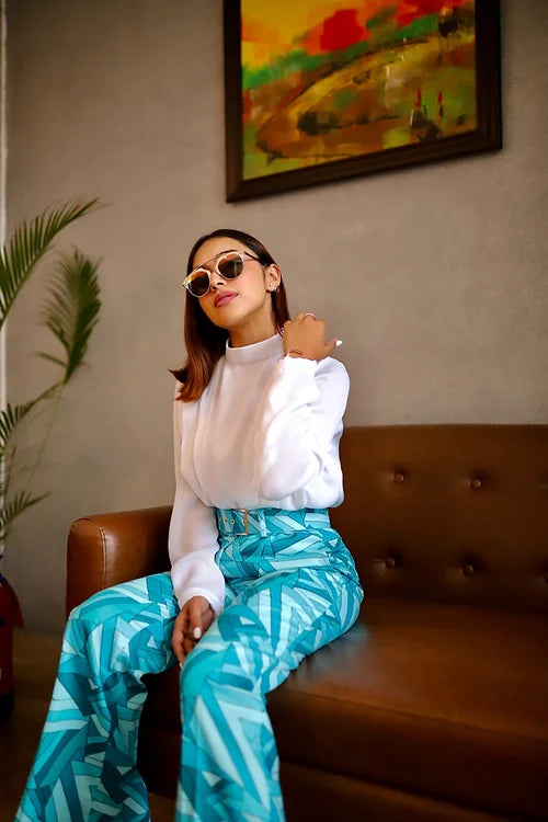 Kylie Power Coord Set With Abstract Blue Trousers