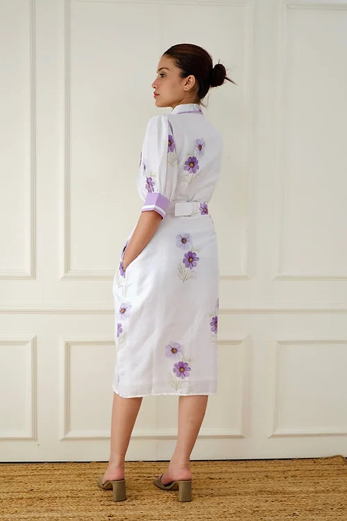 Classy White Lavender Shirt Dress