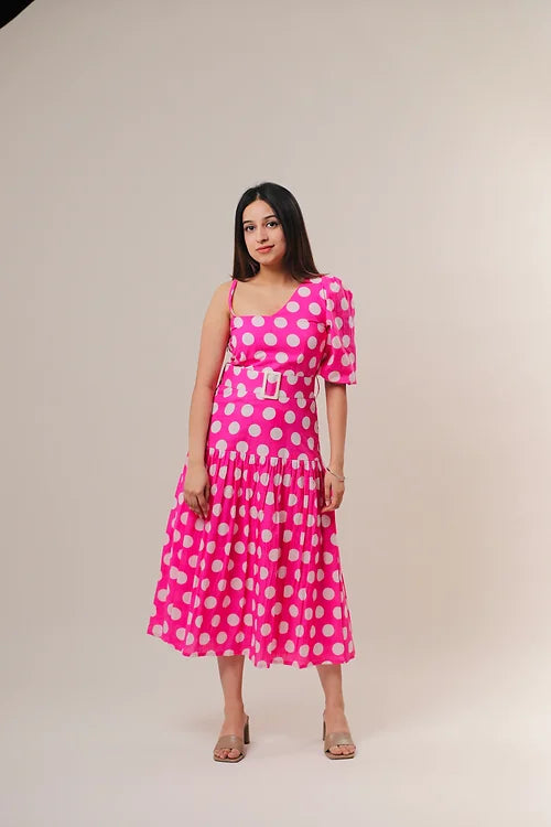 Pink And White Polka Dots Midi Dress