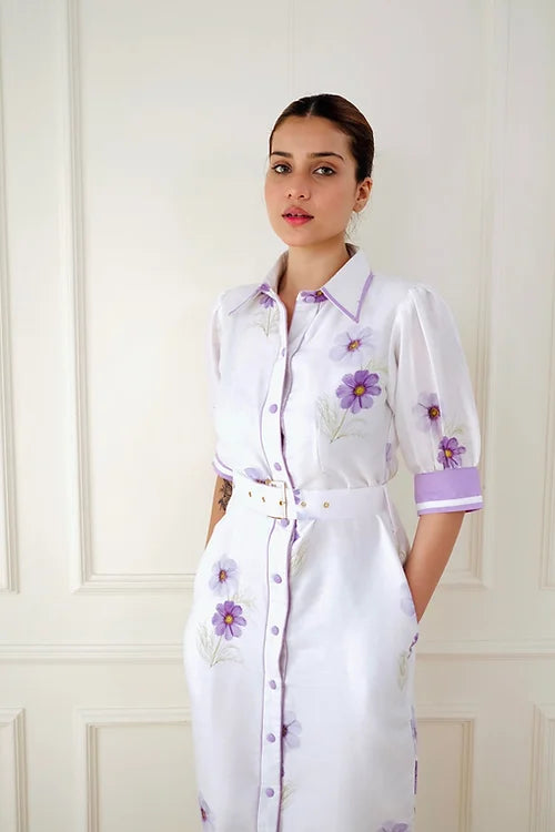 Classy White Lavender Shirt Dress