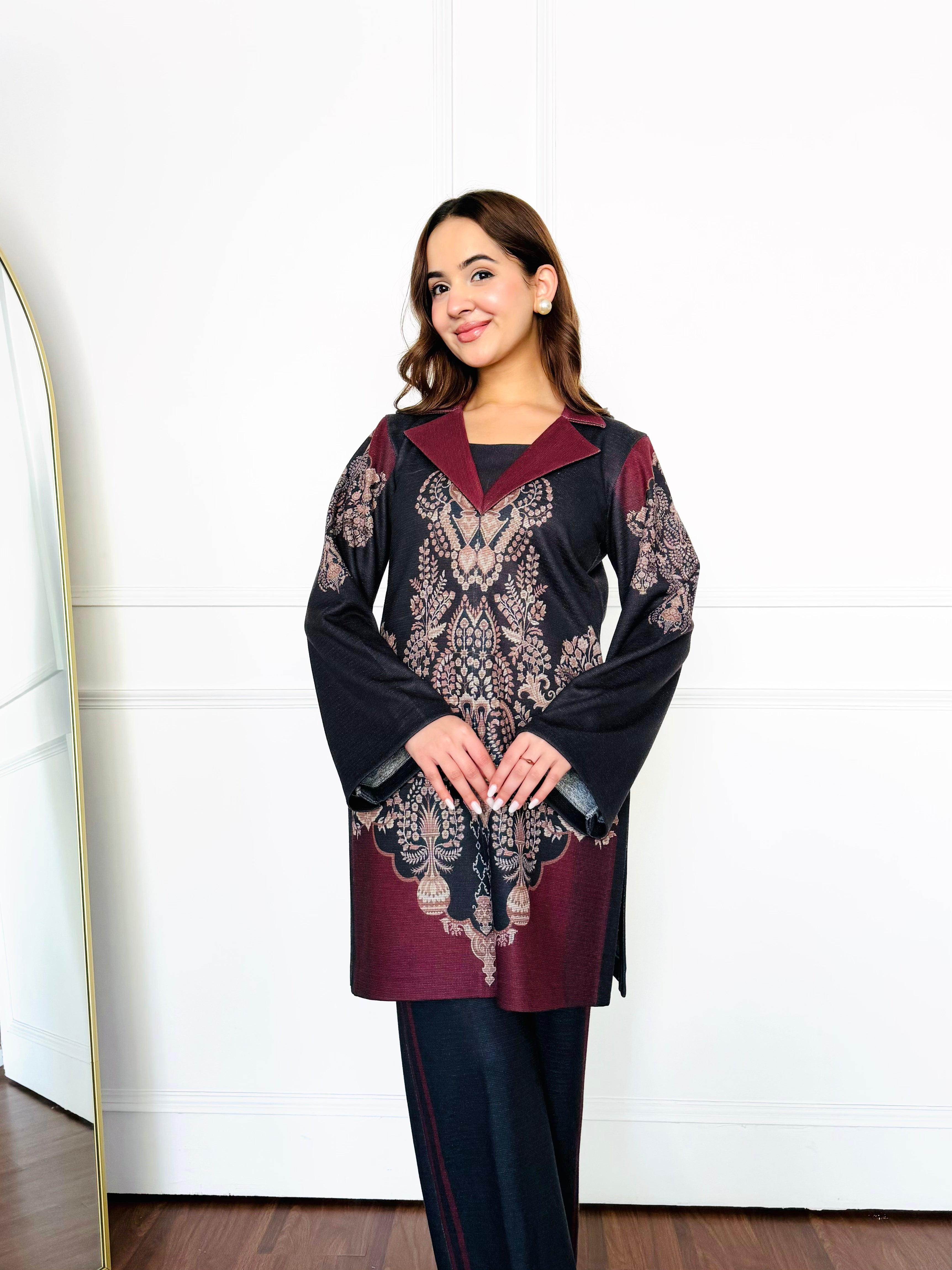 Black & Red Woollen Kurta Set