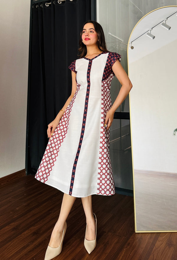 Ivory Grid Midi Dress