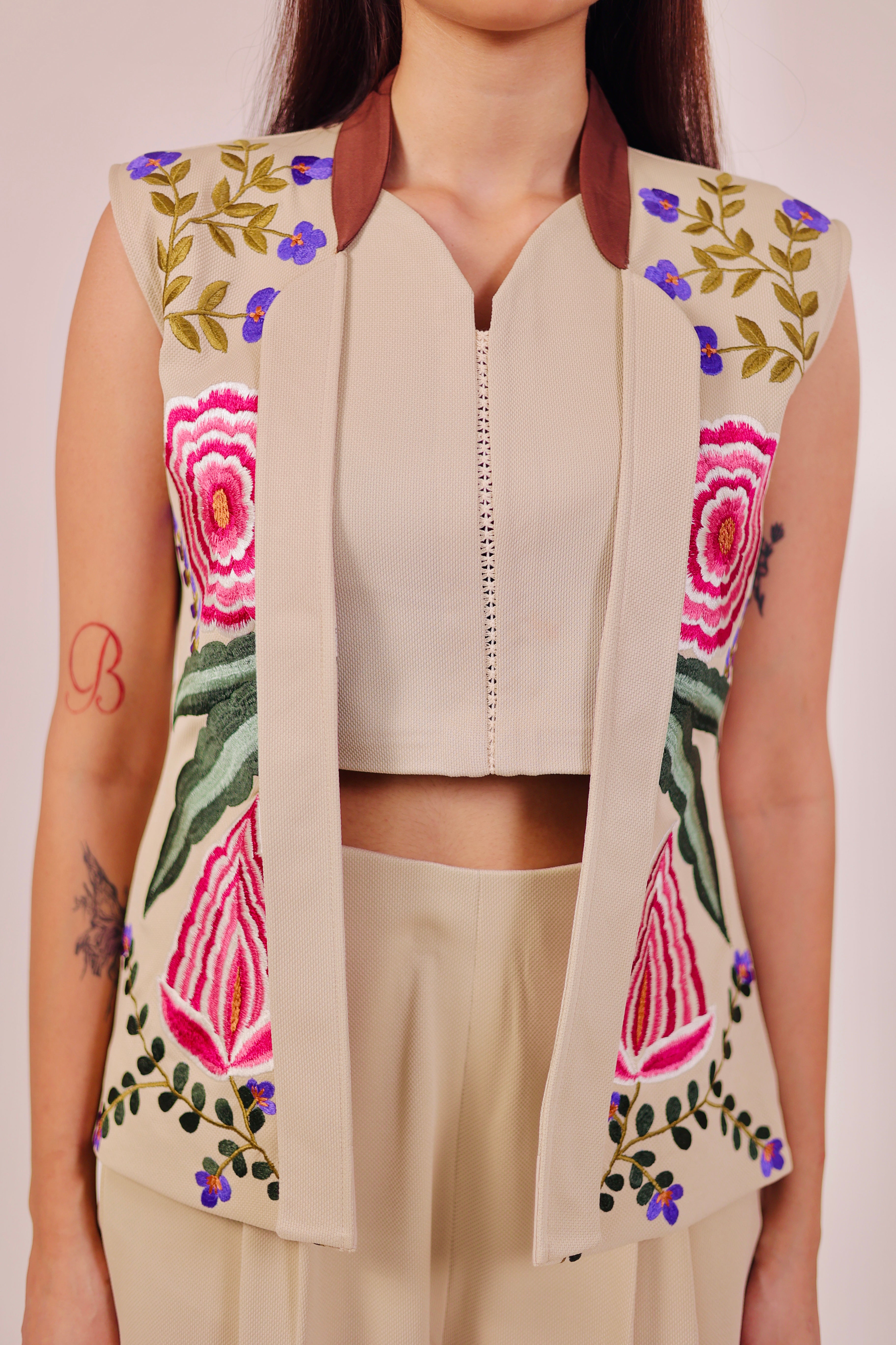 Beige Embroidered Blazer 3 Piece Set