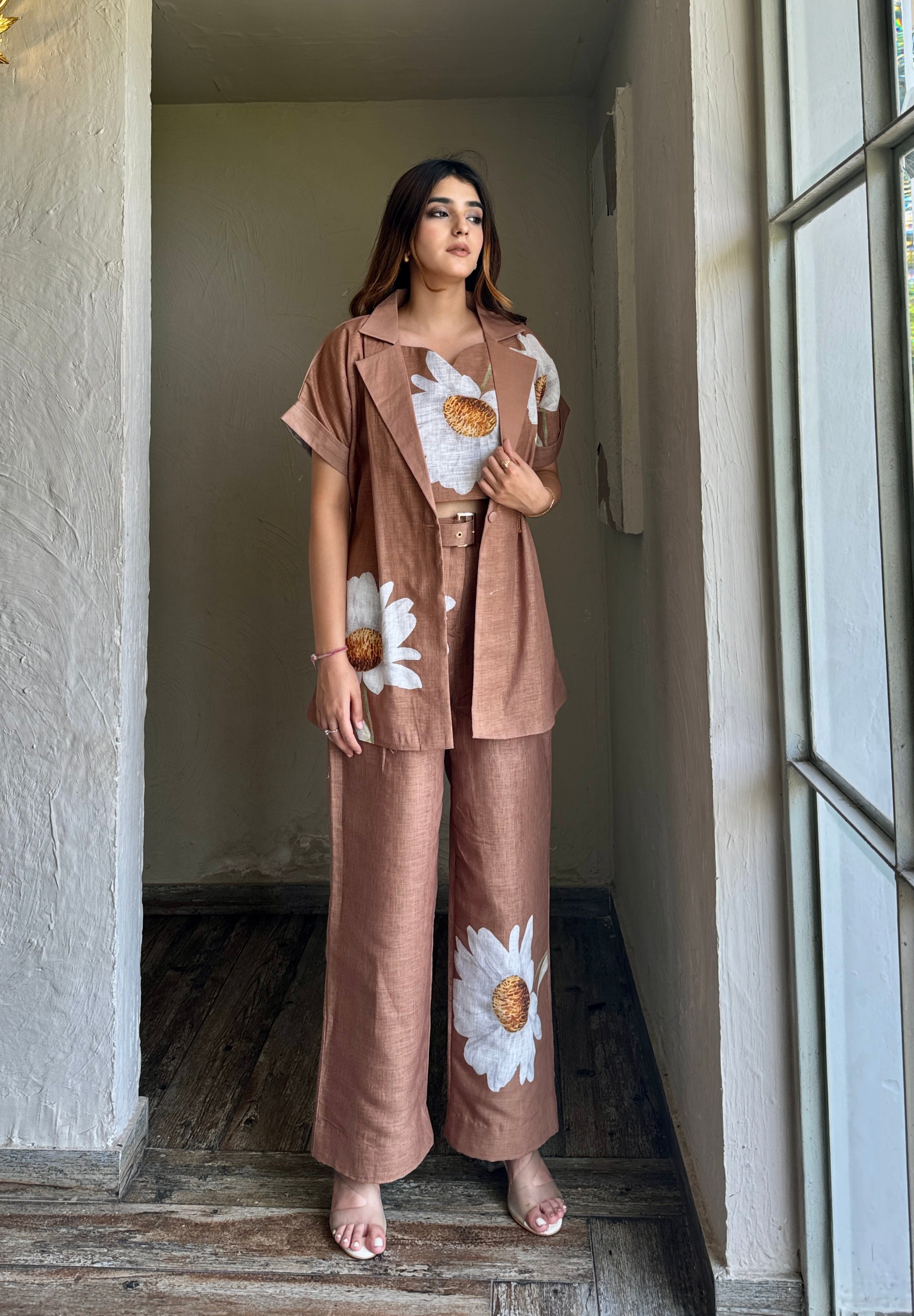 Brown Linen Piece Coord Set Women's Co-Ord Sets Online Pluch