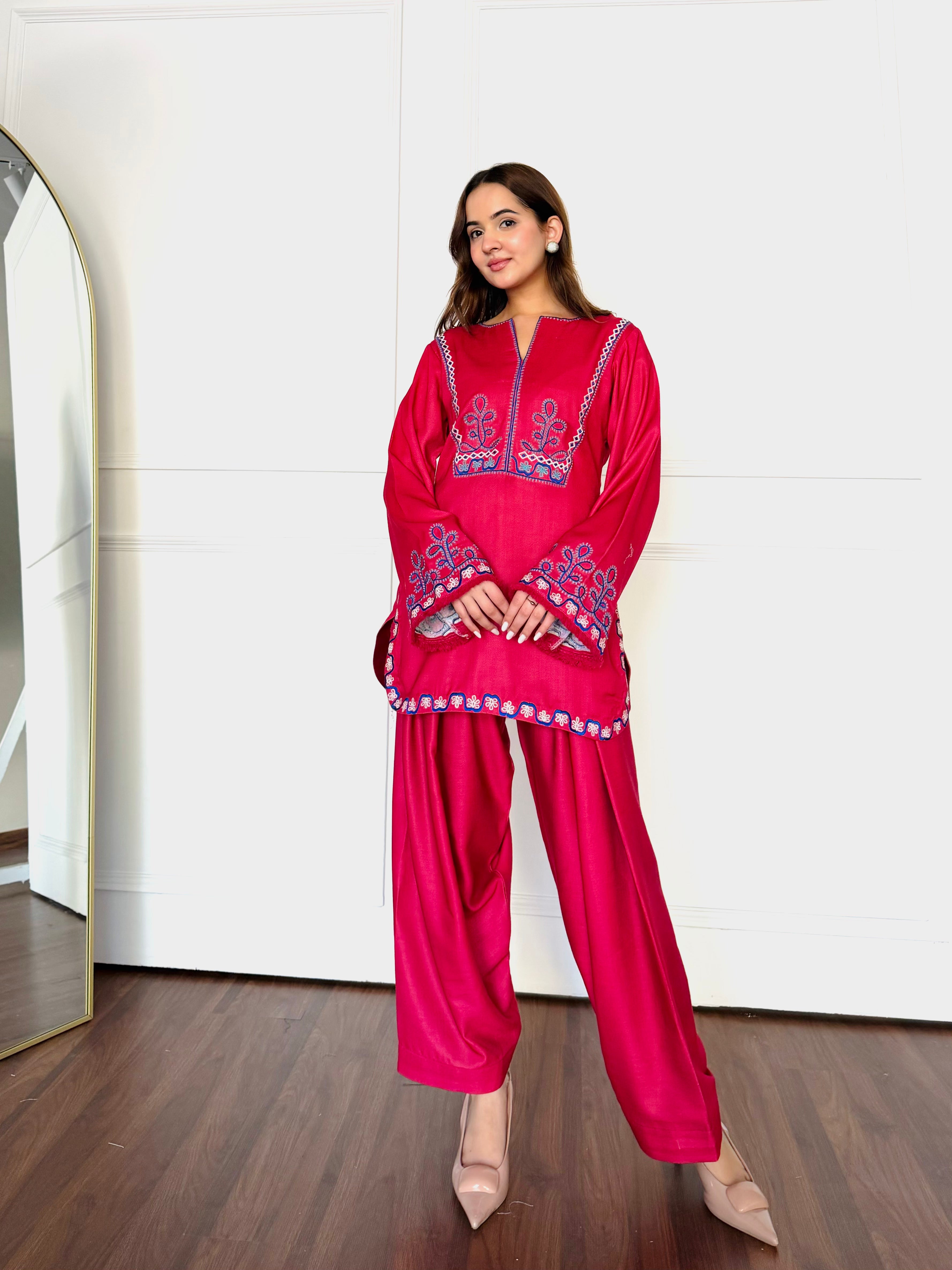 Red Embroidered Farshi Salwaar Set