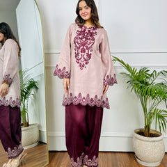 Beige Maroon Embroidered Kurta Set