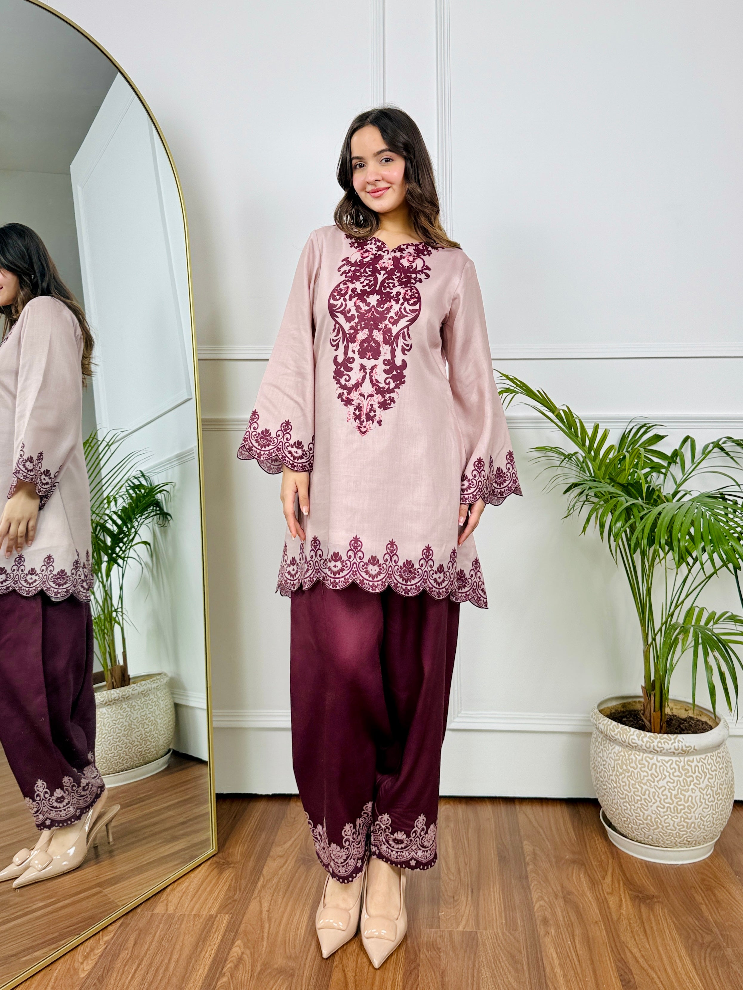 Beige Maroon Embroidered Kurta Set