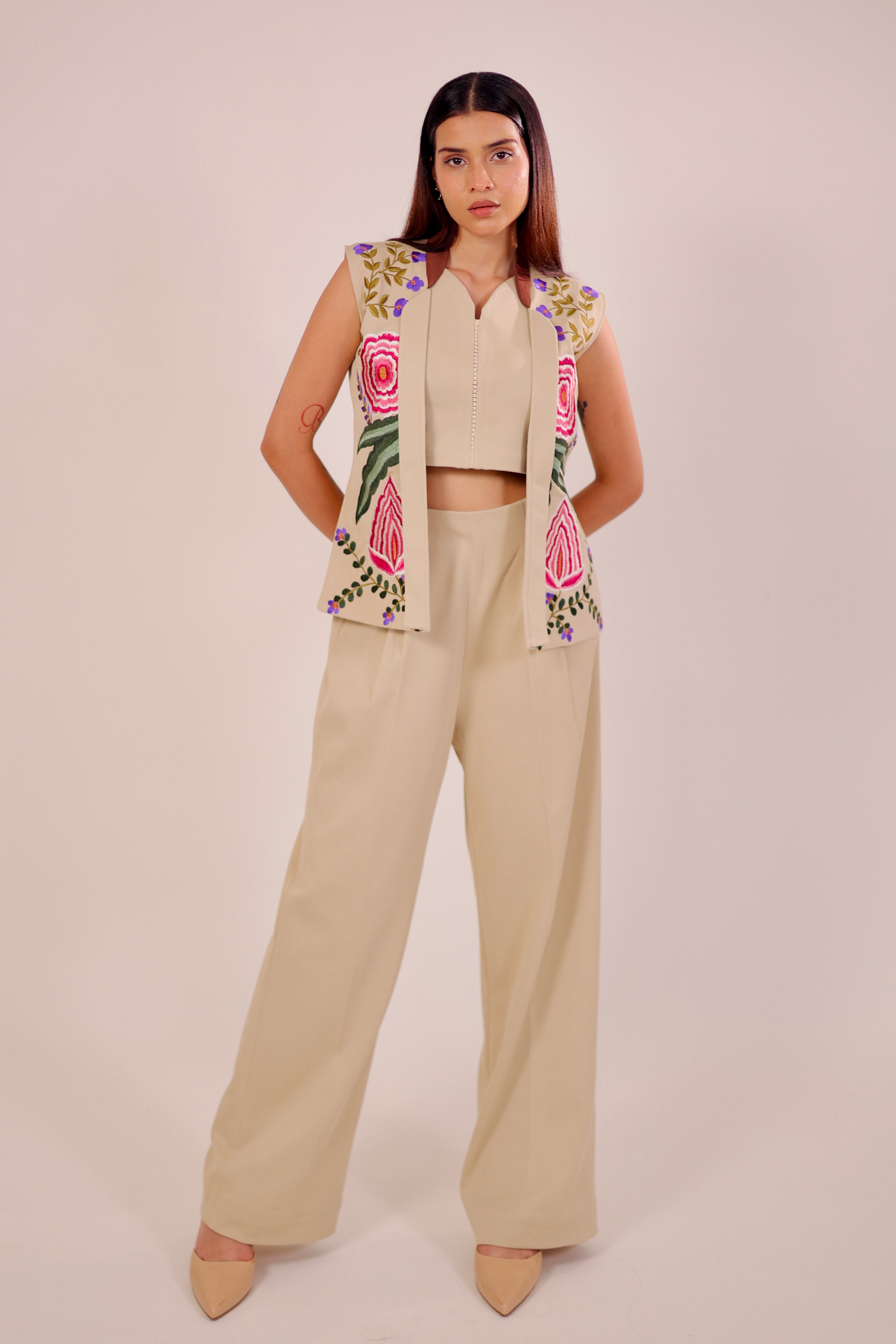 Beige Embroidered Blazer 3 Piece Set