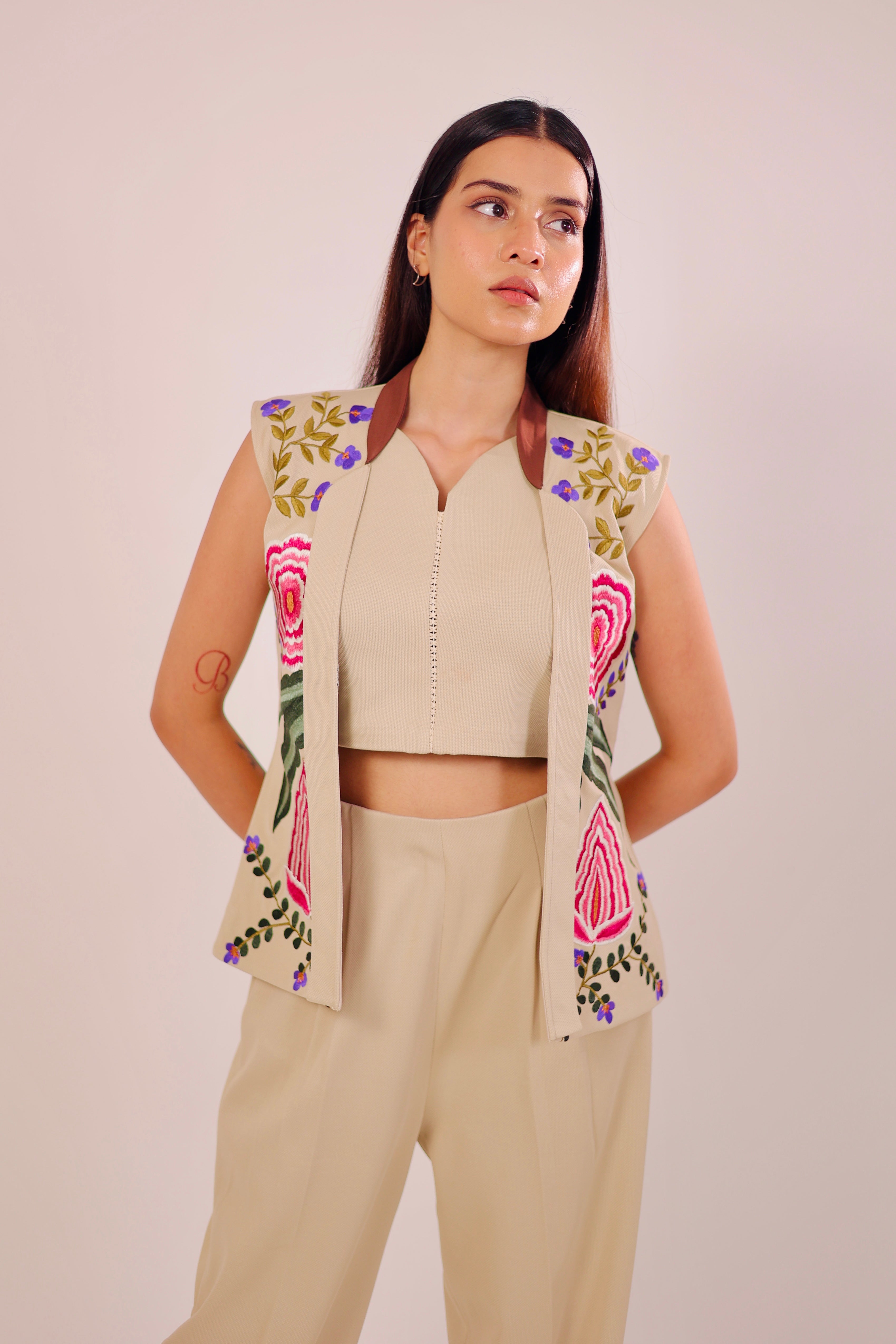 Beige Embroidered Blazer 3 Piece Set