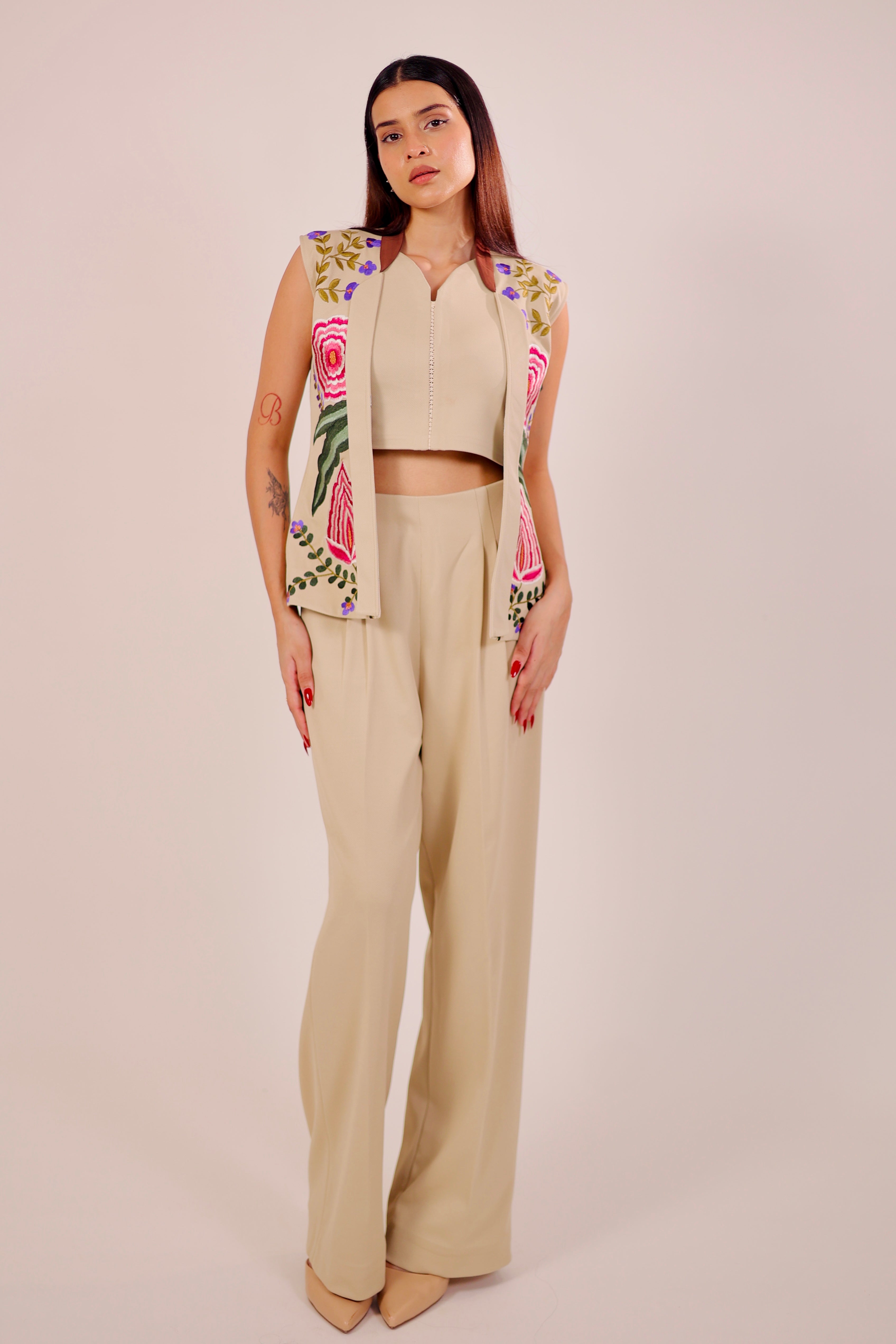 Beige Embroidered Blazer 3 Piece Set