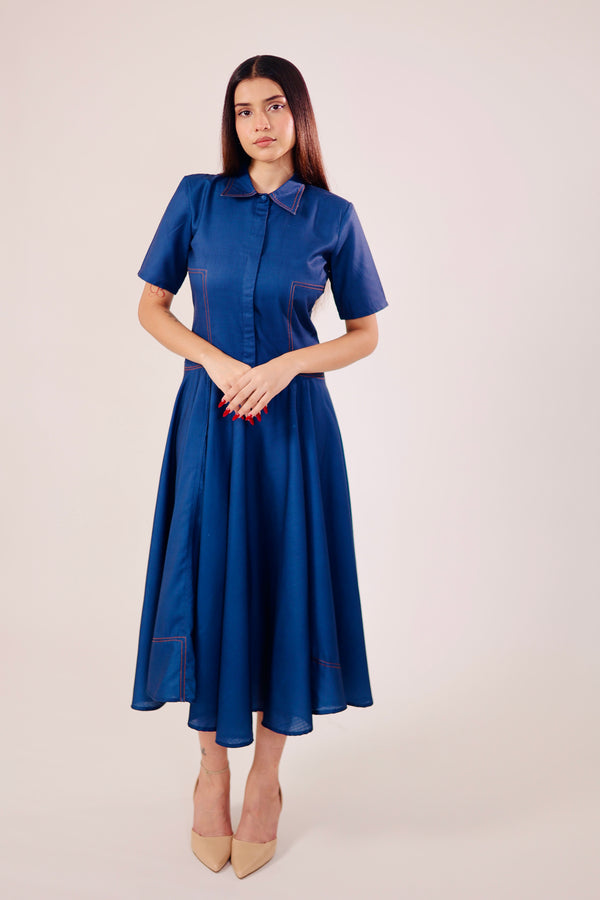 Blue Pleated Midi Dress