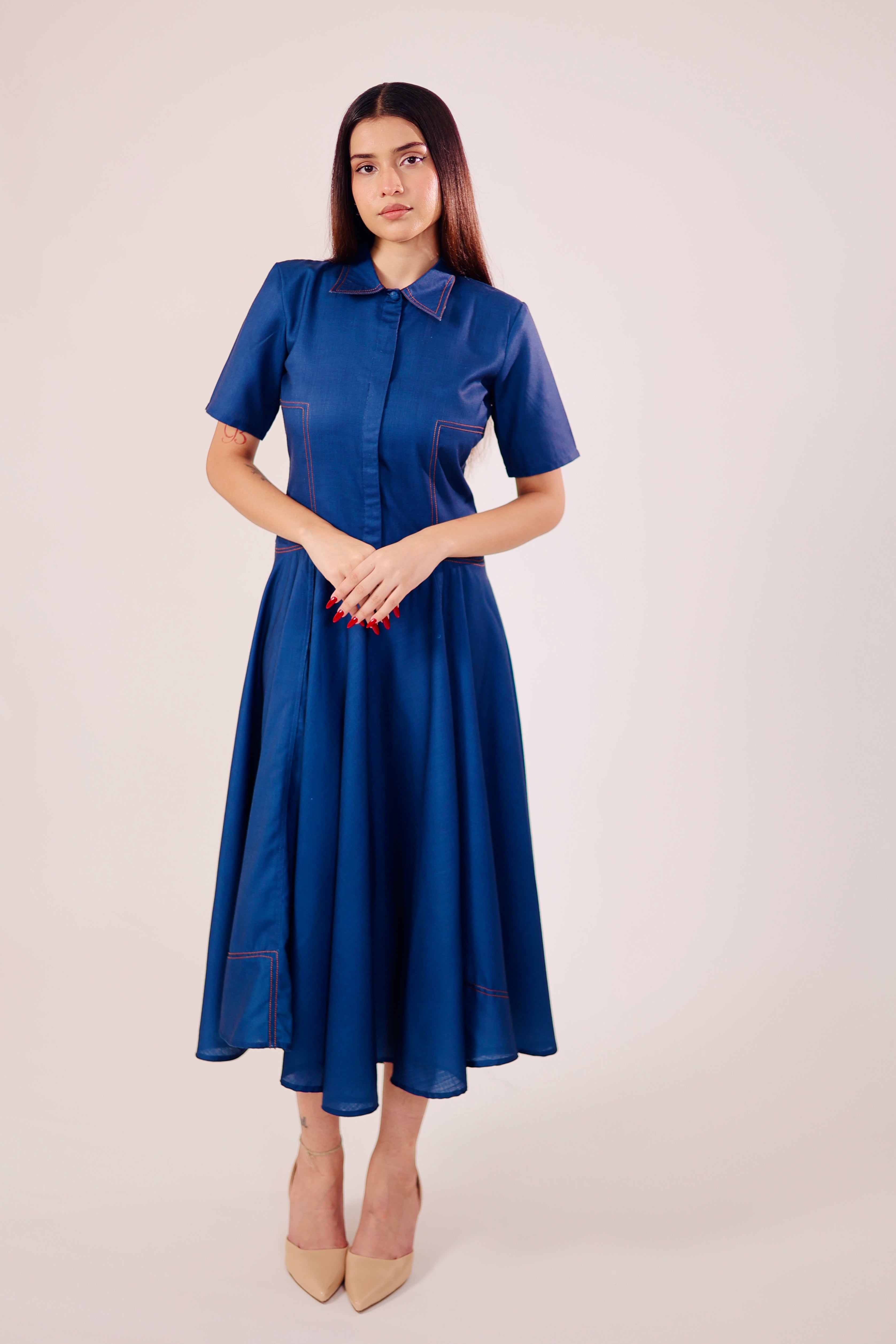 Blue Pleated Midi Dress