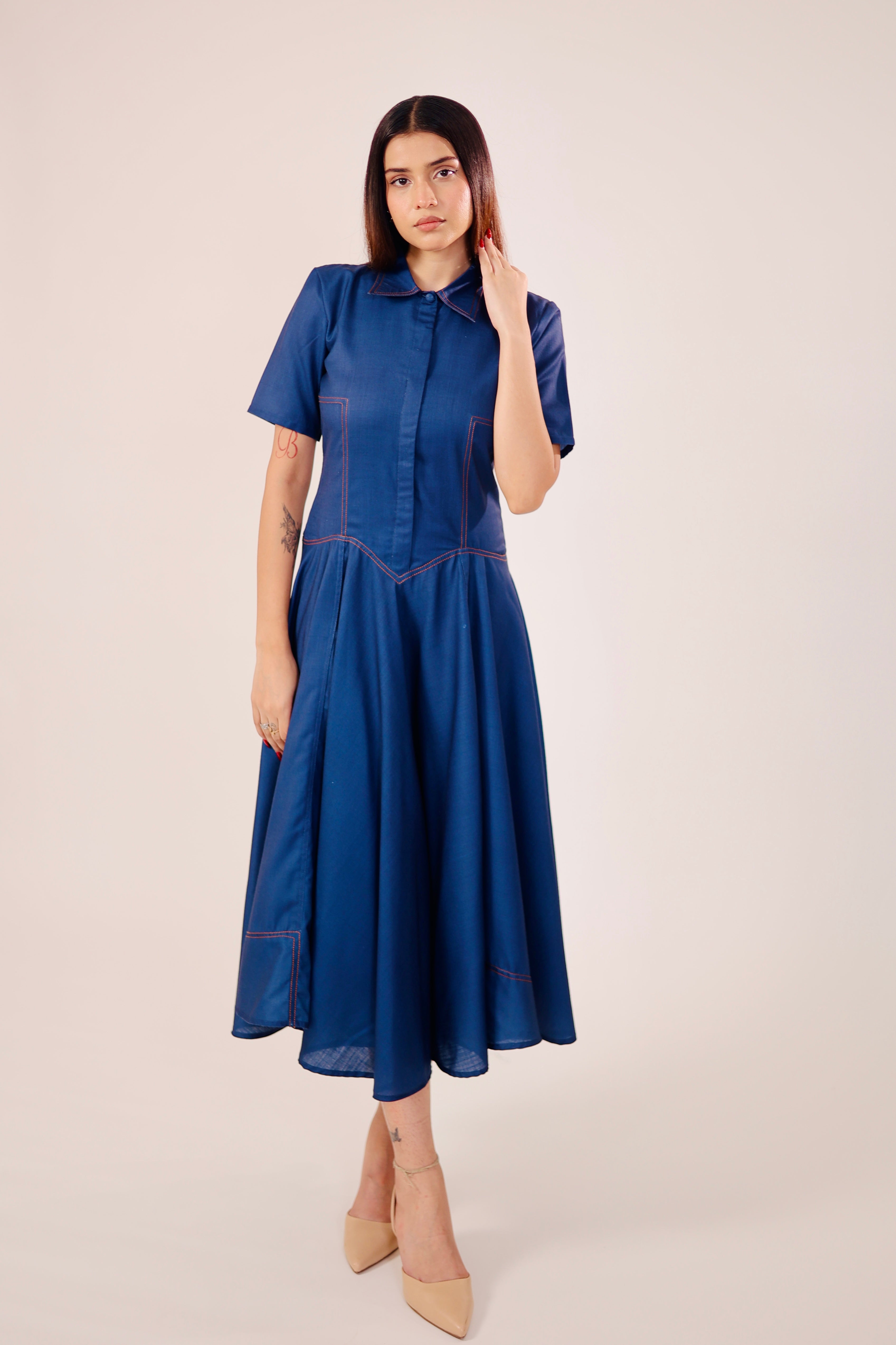 Blue Pleated Midi Dress