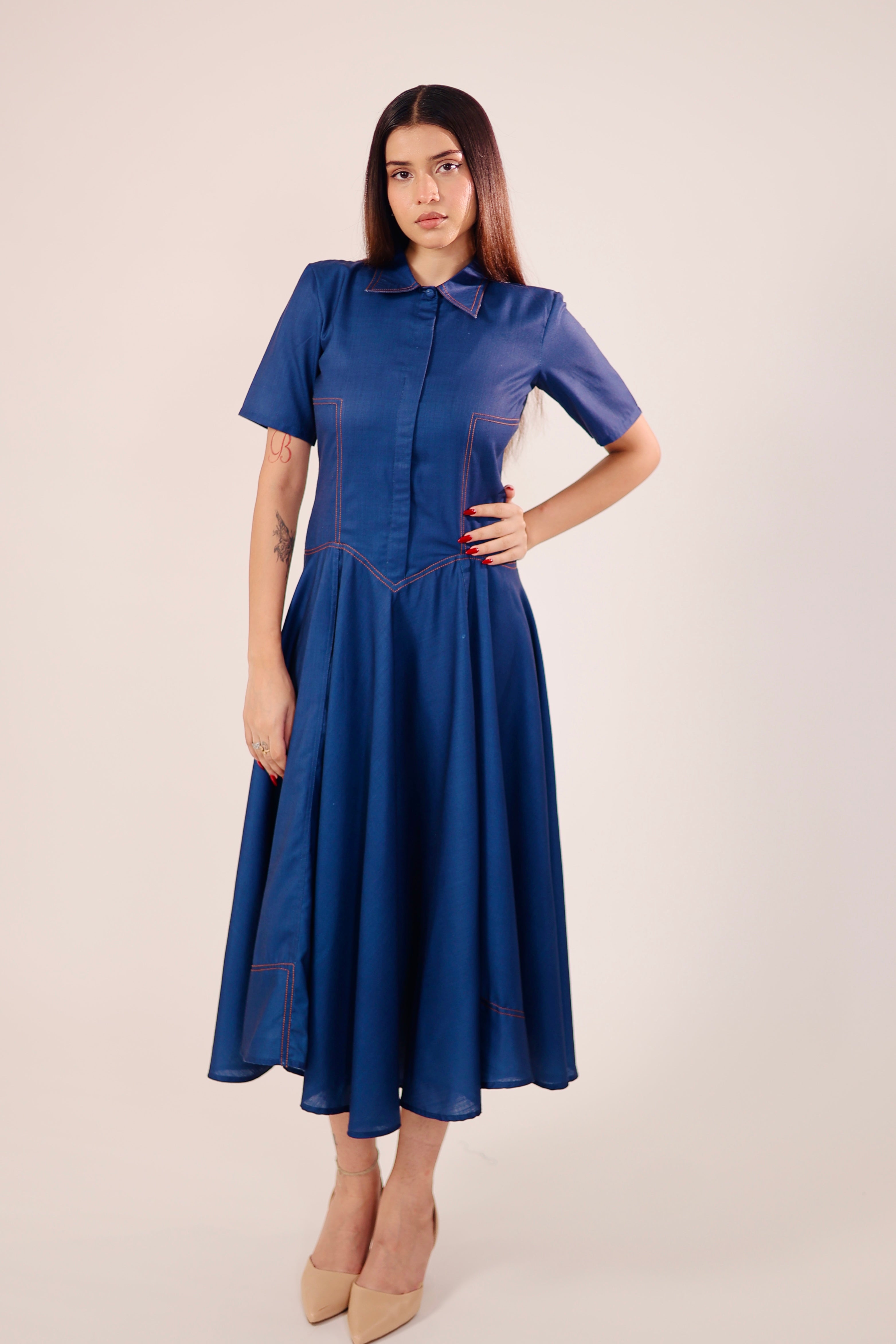 Blue Pleated Midi Dress
