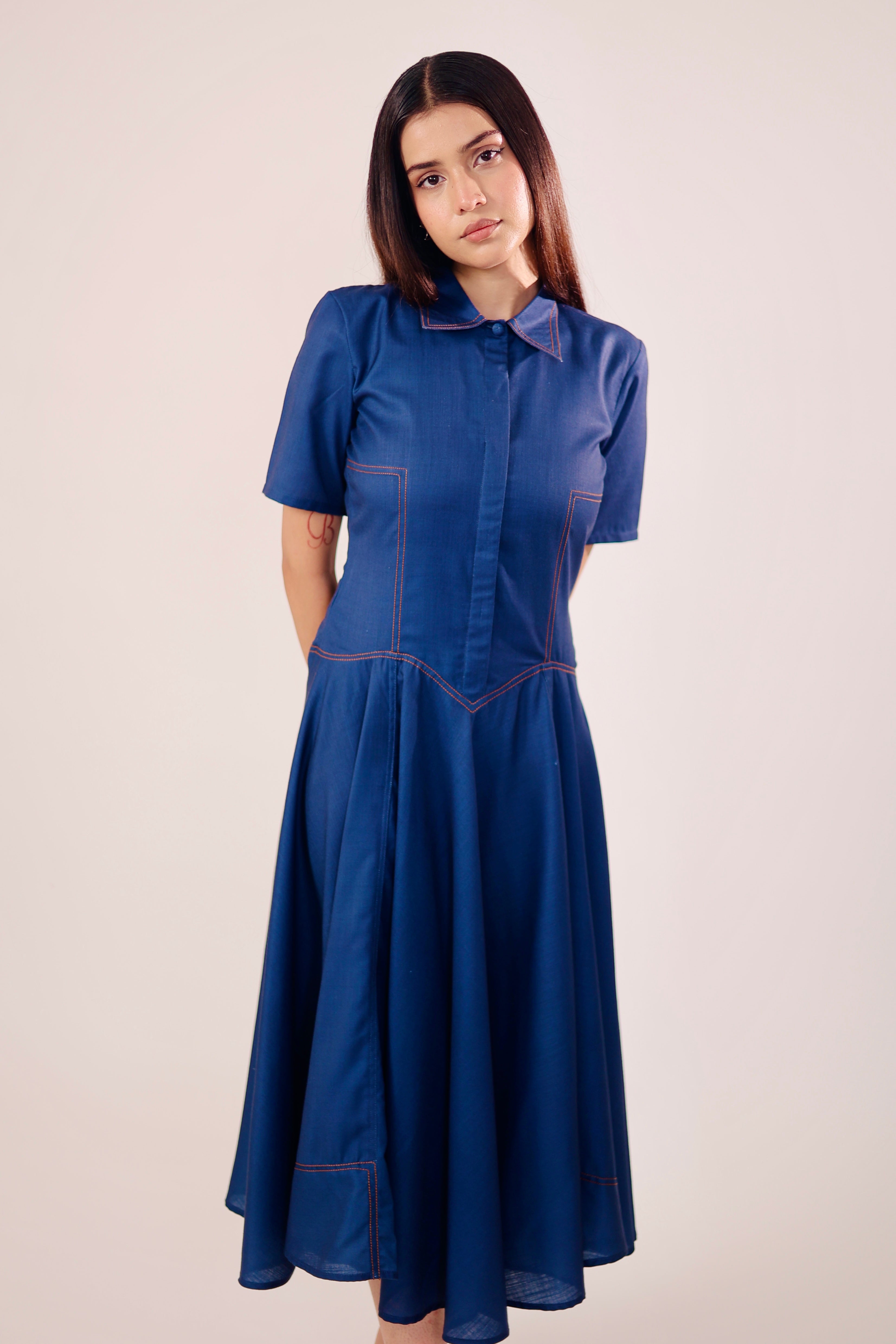 Blue Pleated Midi Dress