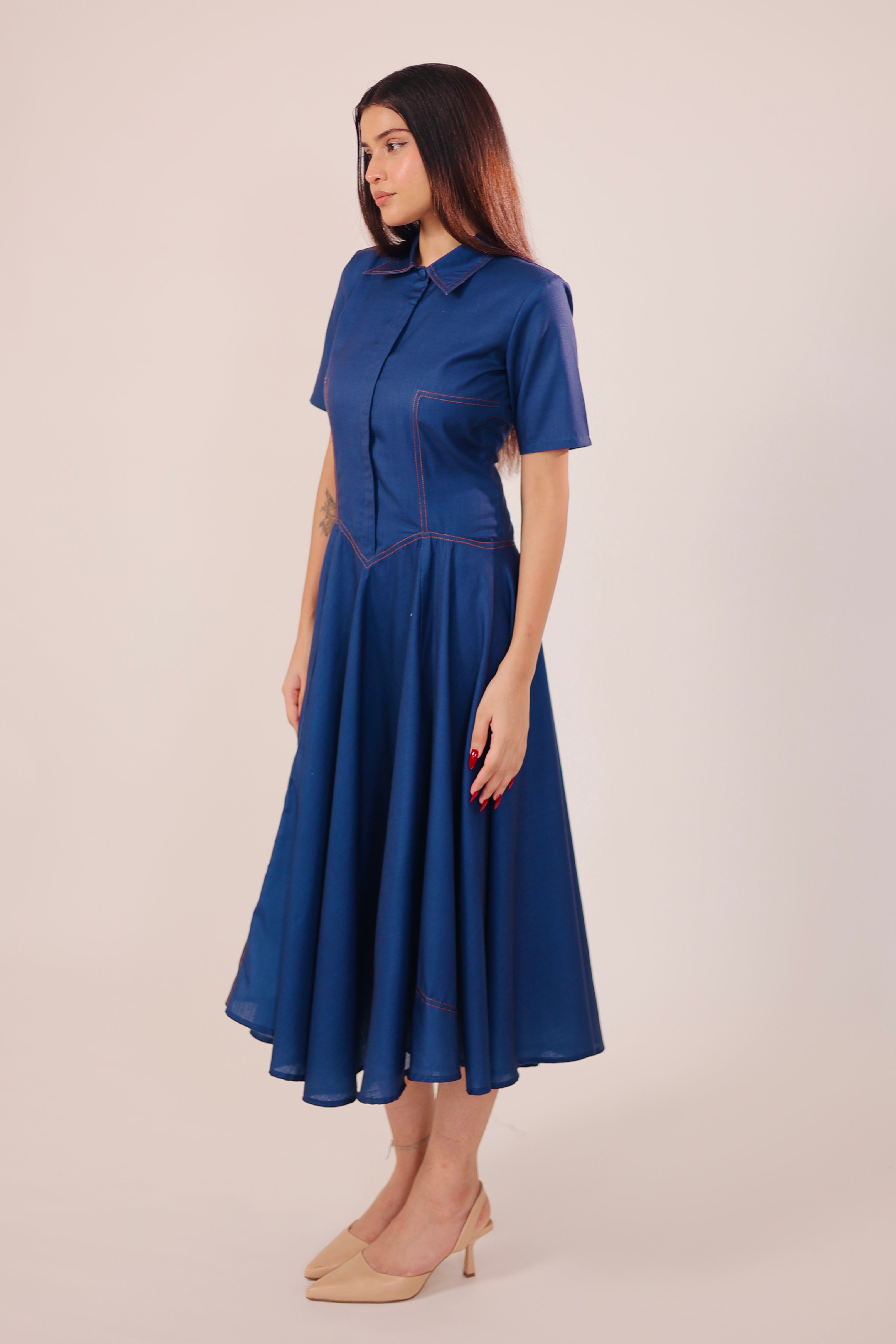 Blue Pleated Midi Dress