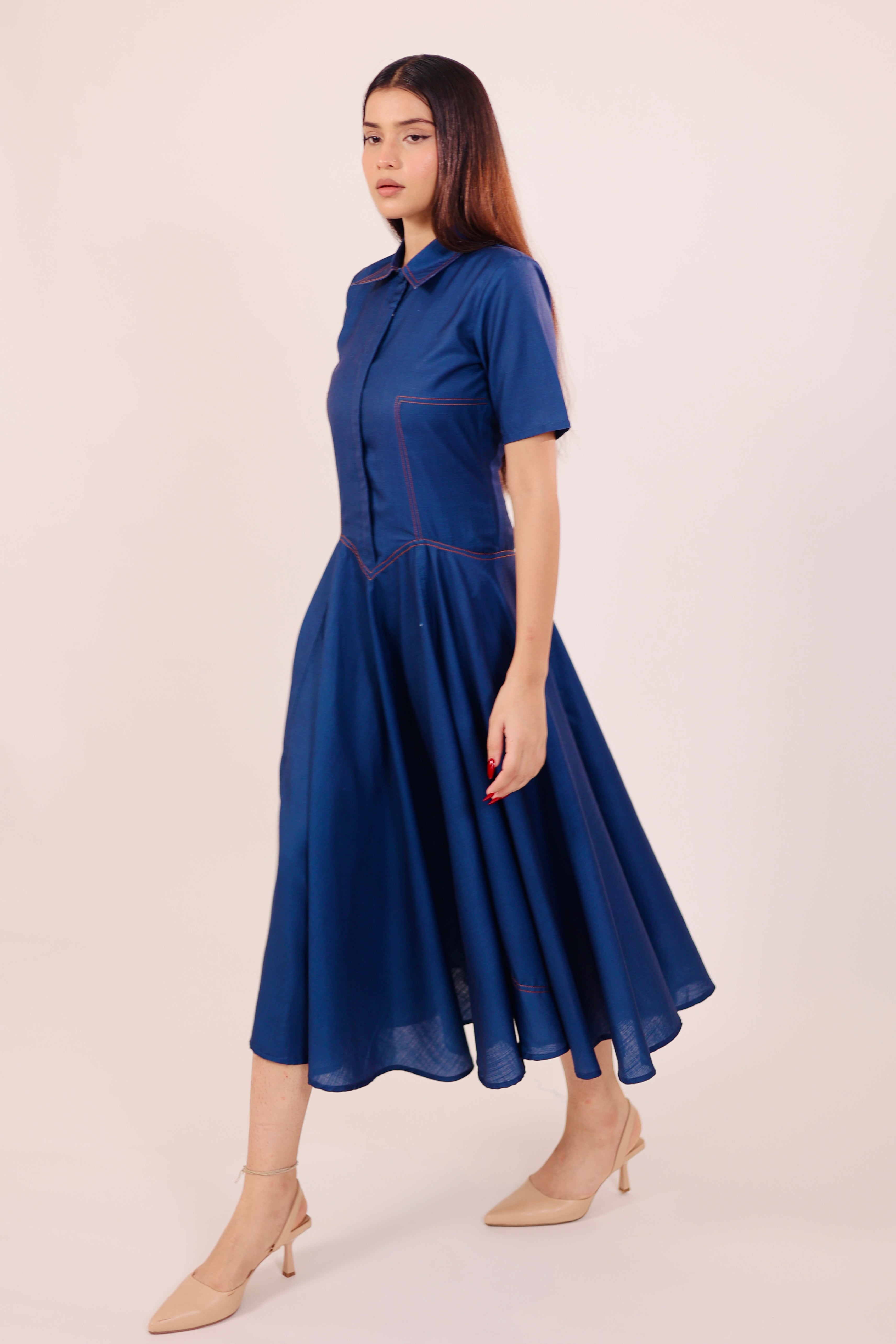 Blue Pleated Midi Dress