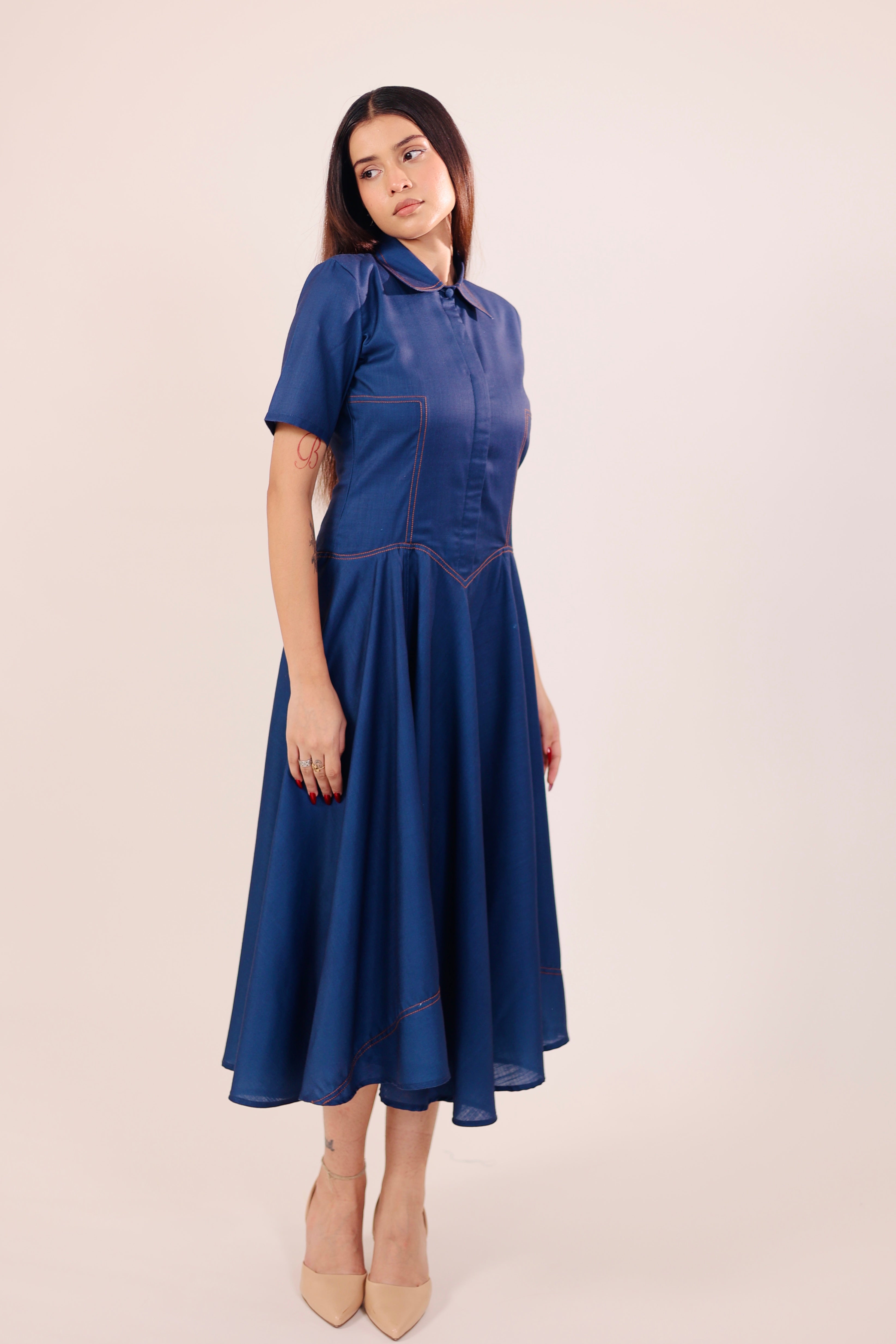 Blue Pleated Midi Dress