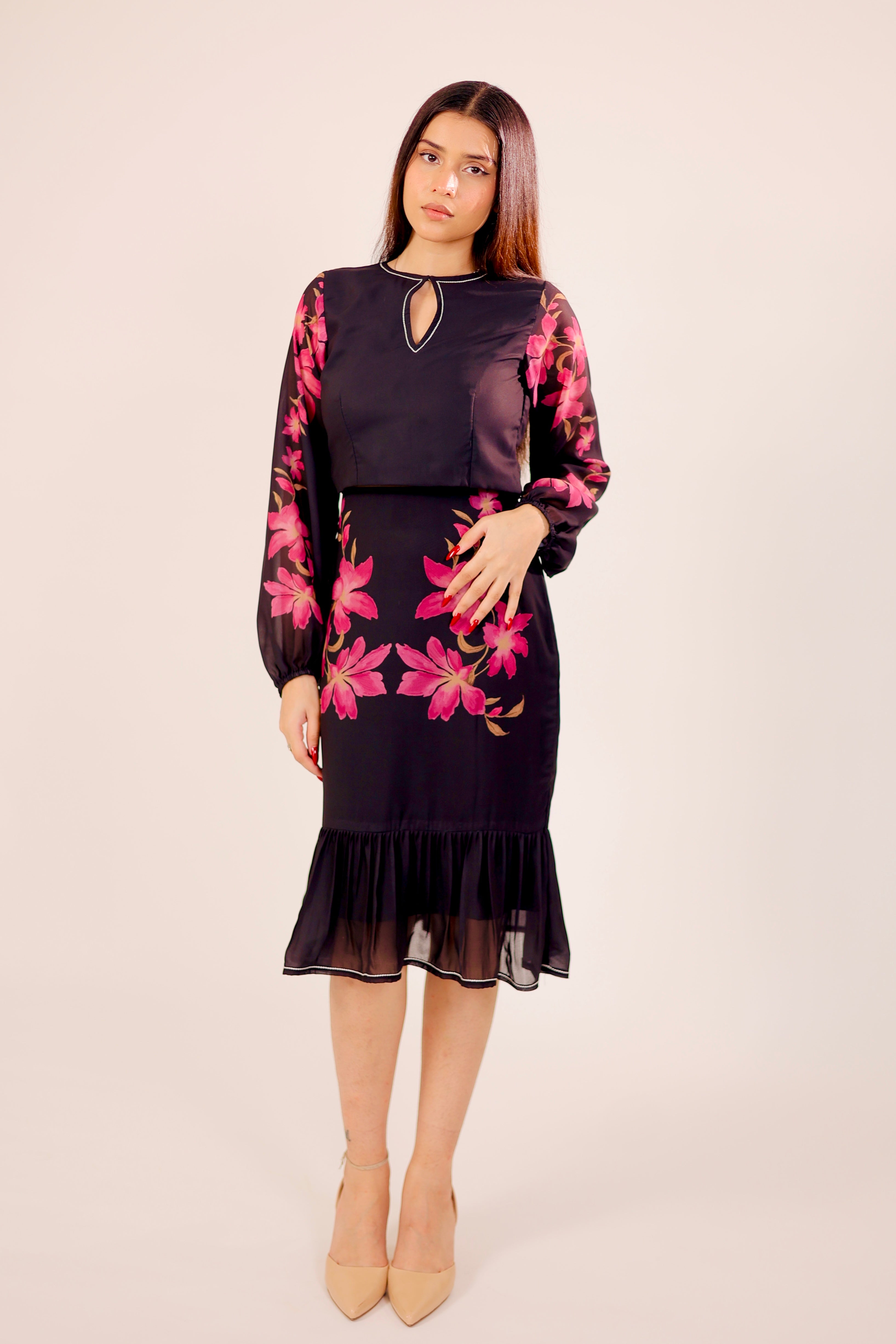 Black Floral Skirt Set