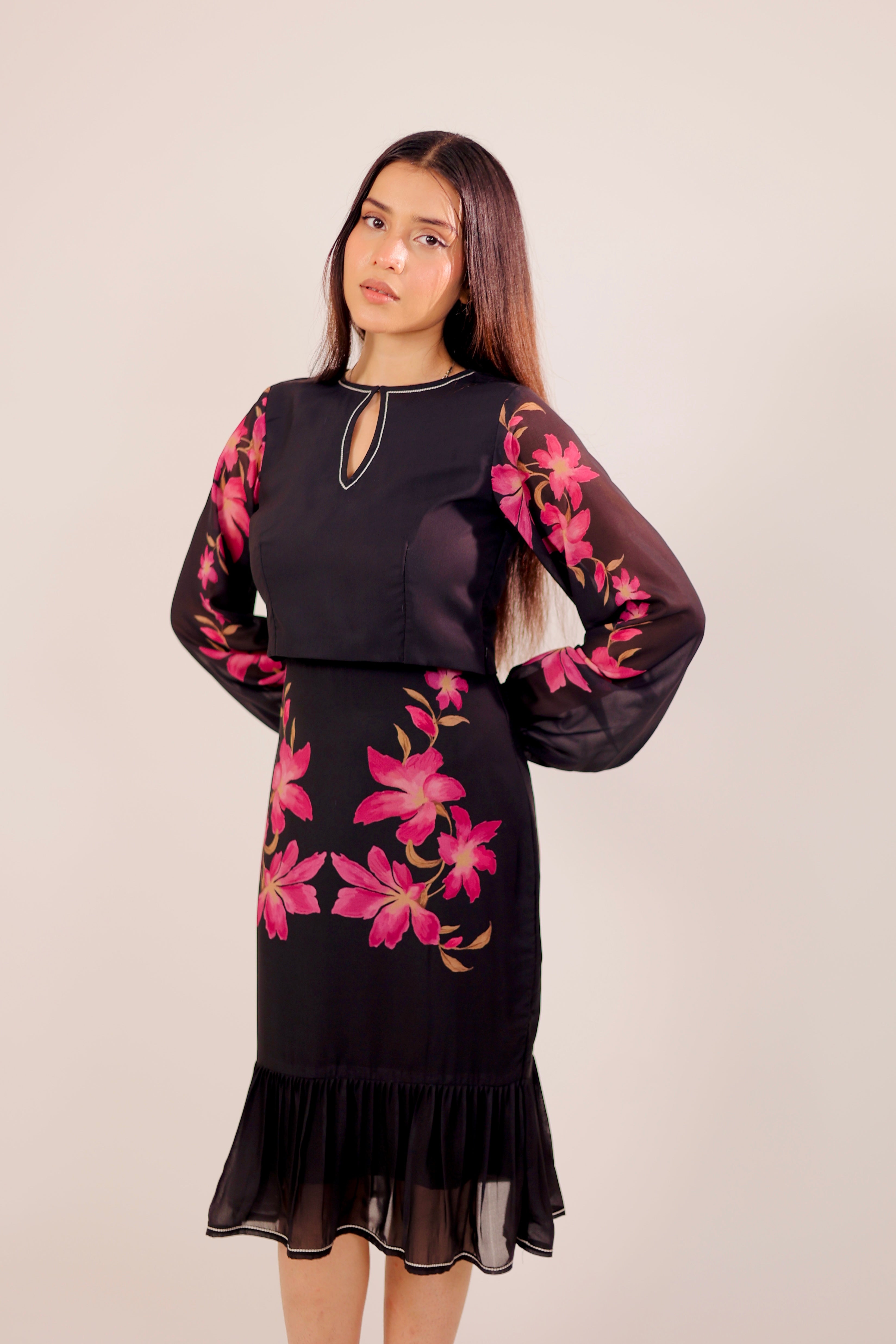 Black Floral Skirt Set