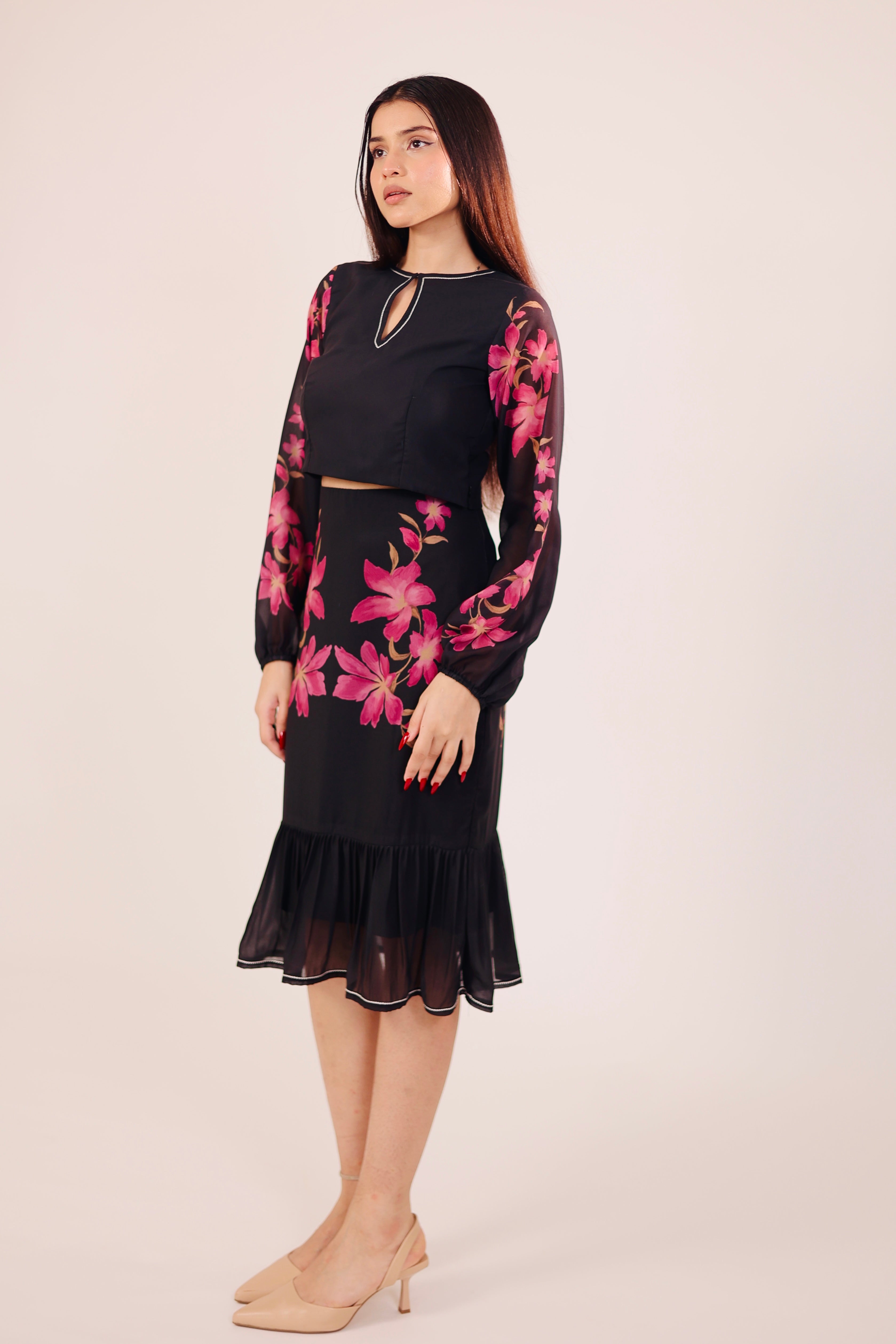 Black Floral Skirt Set