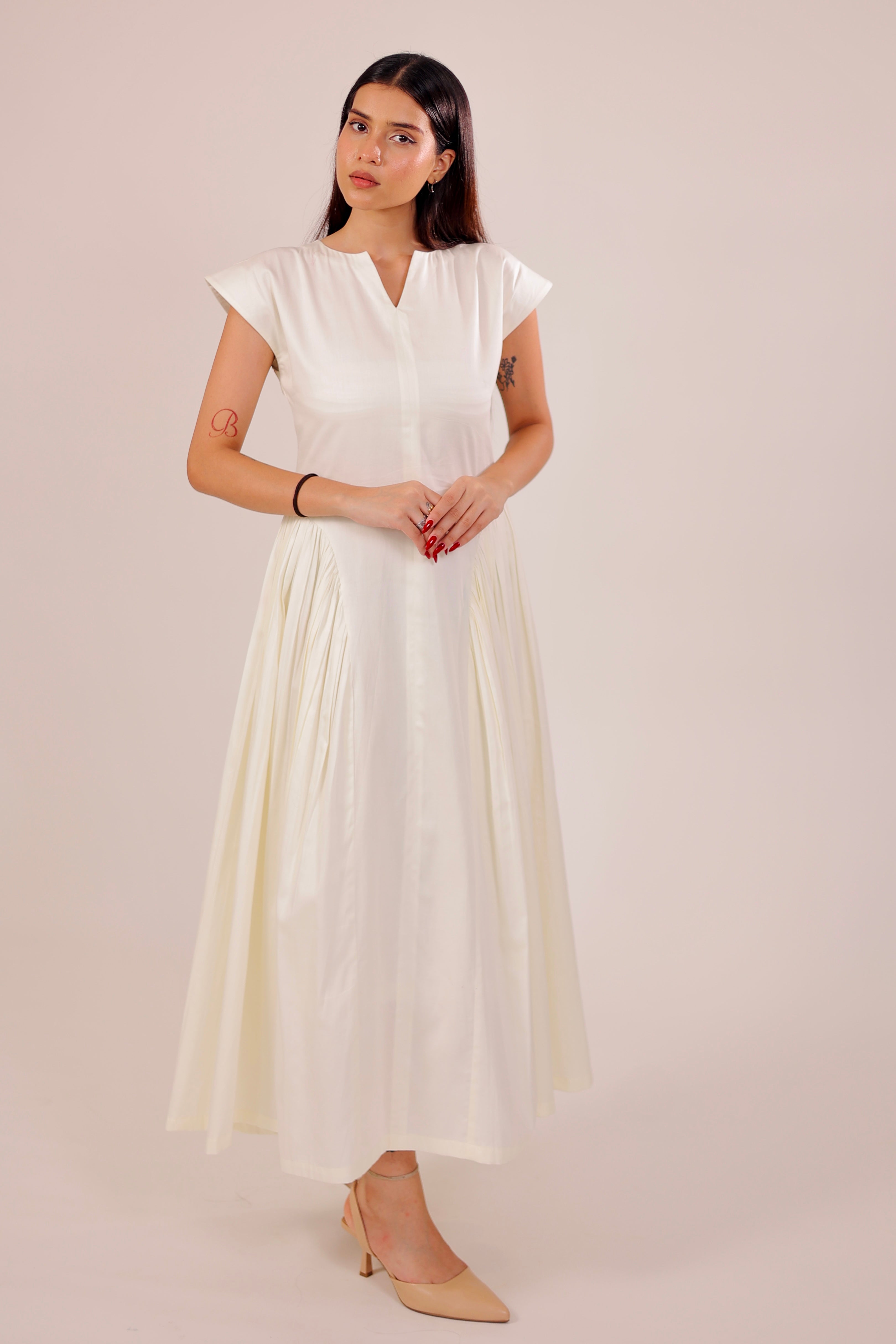 Ivory Pleated Midi Dress
