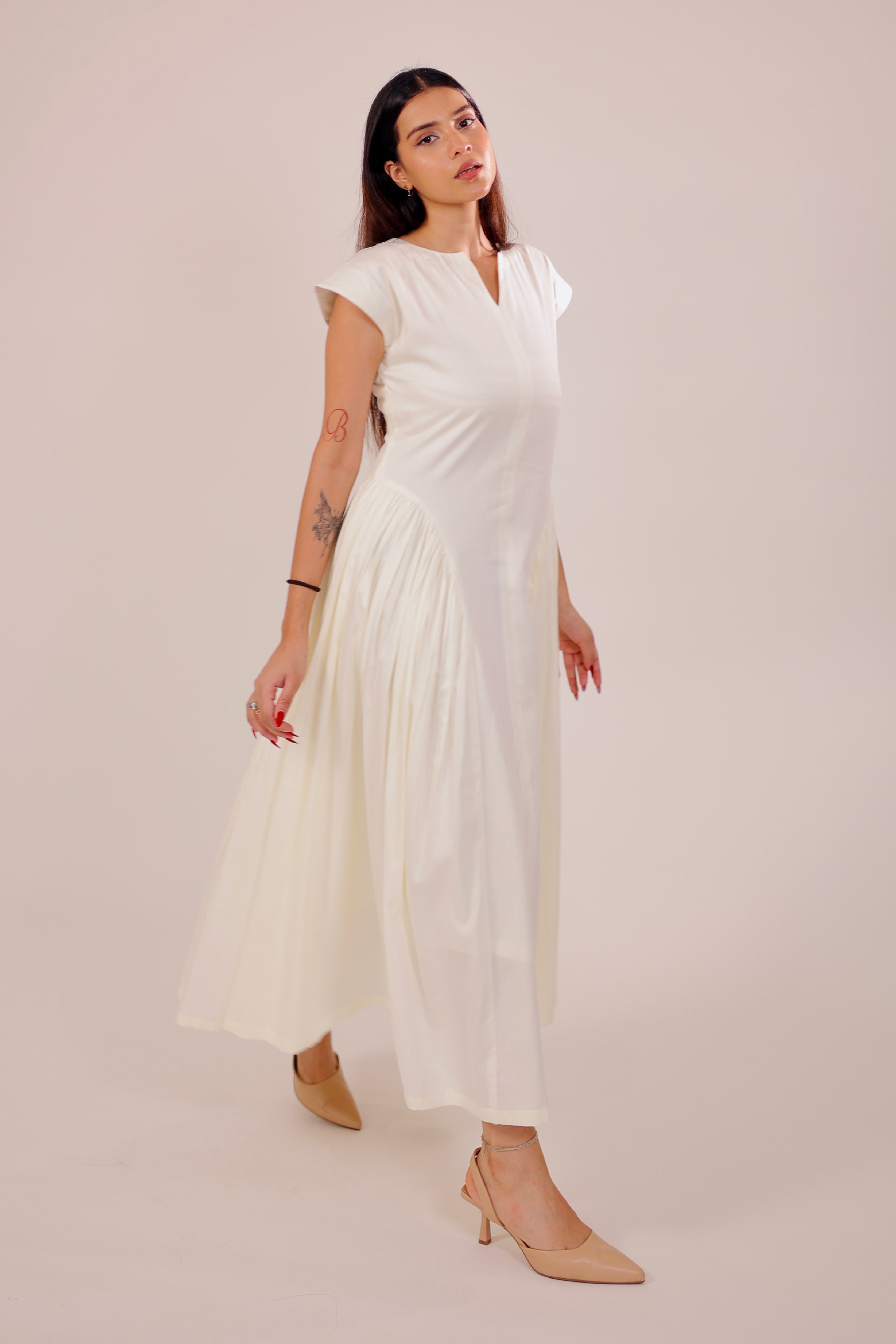 Ivory Pleated Midi Dress