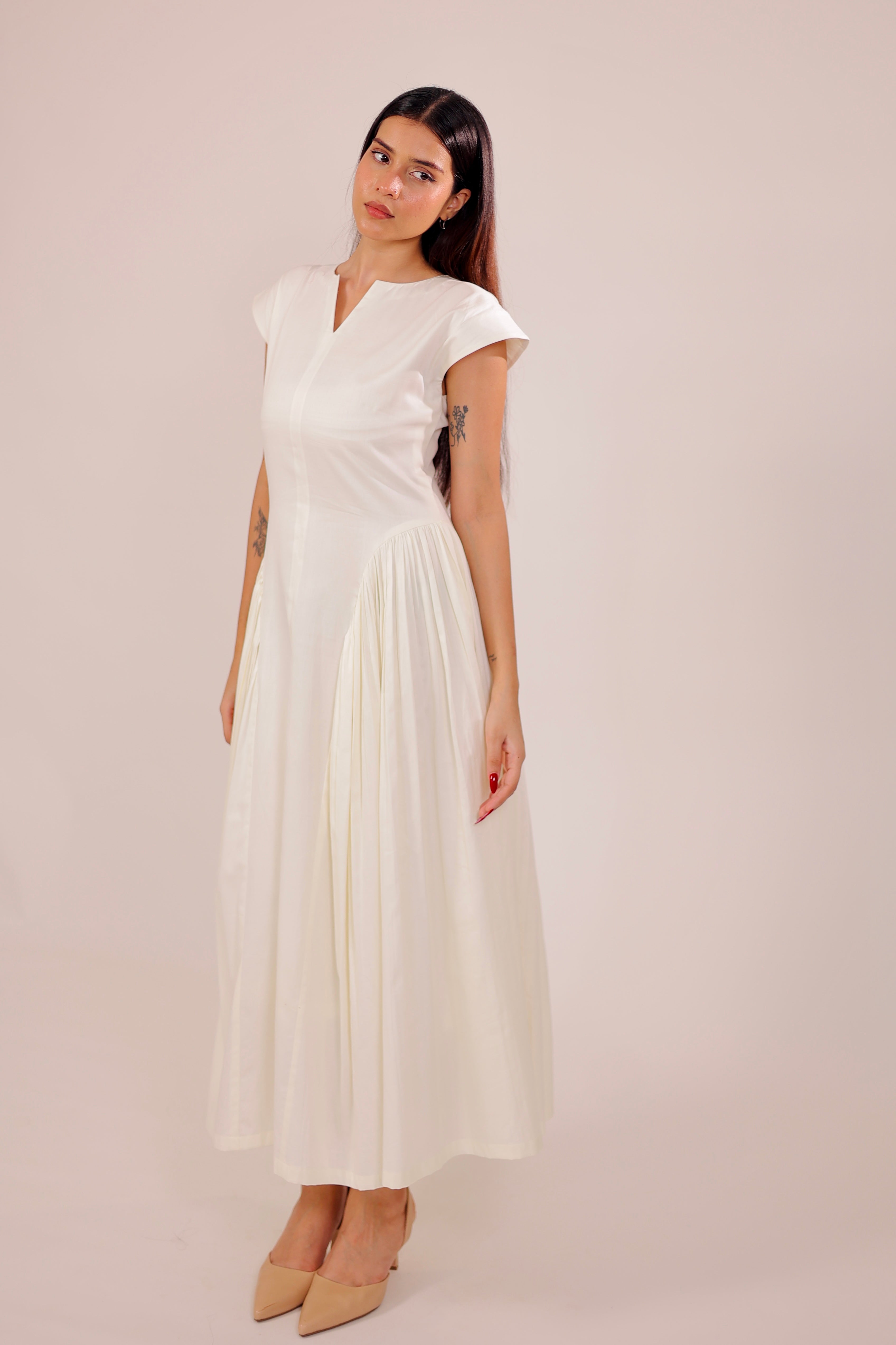 Ivory Pleated Midi Dress