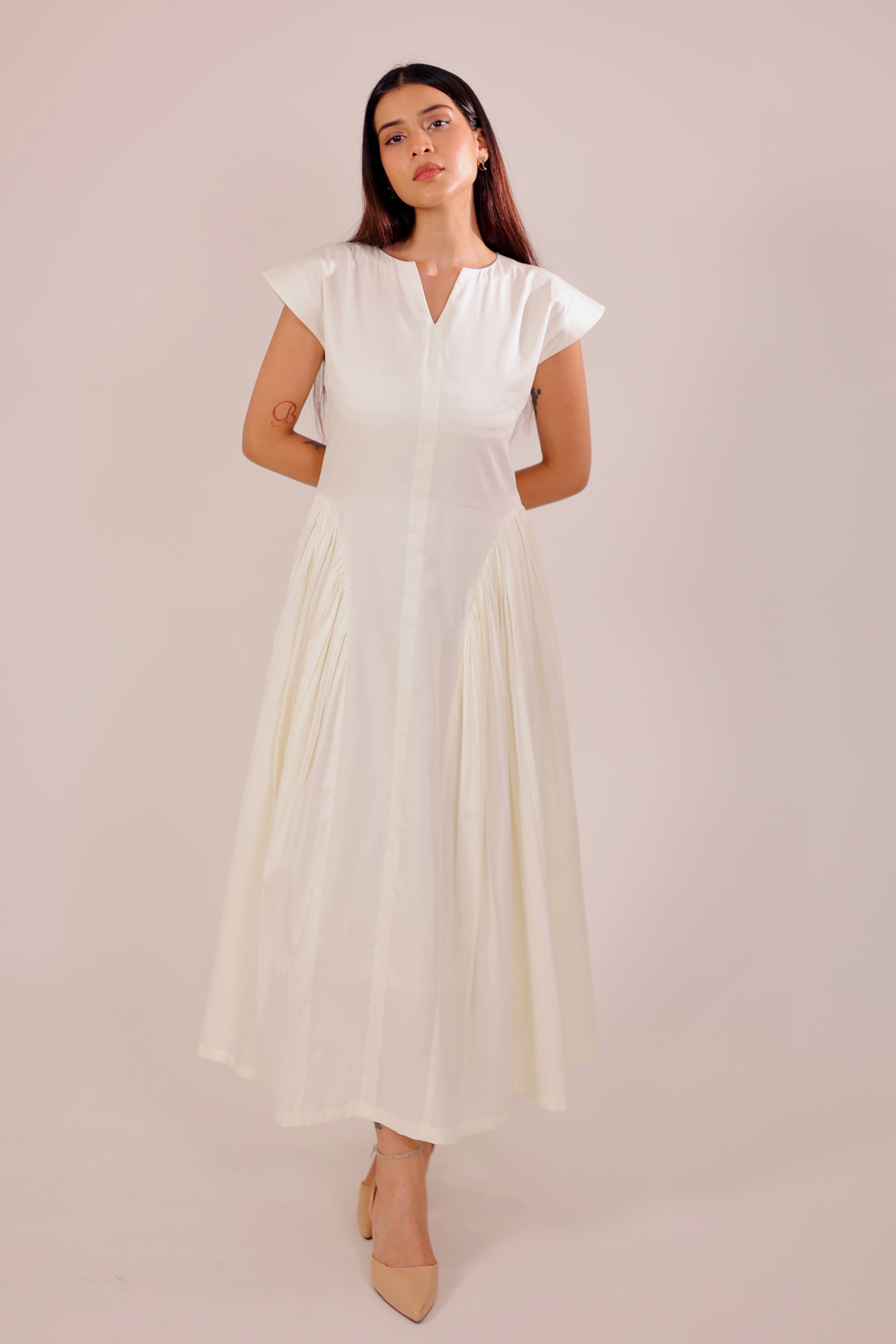 Ivory Pleated Midi Dress
