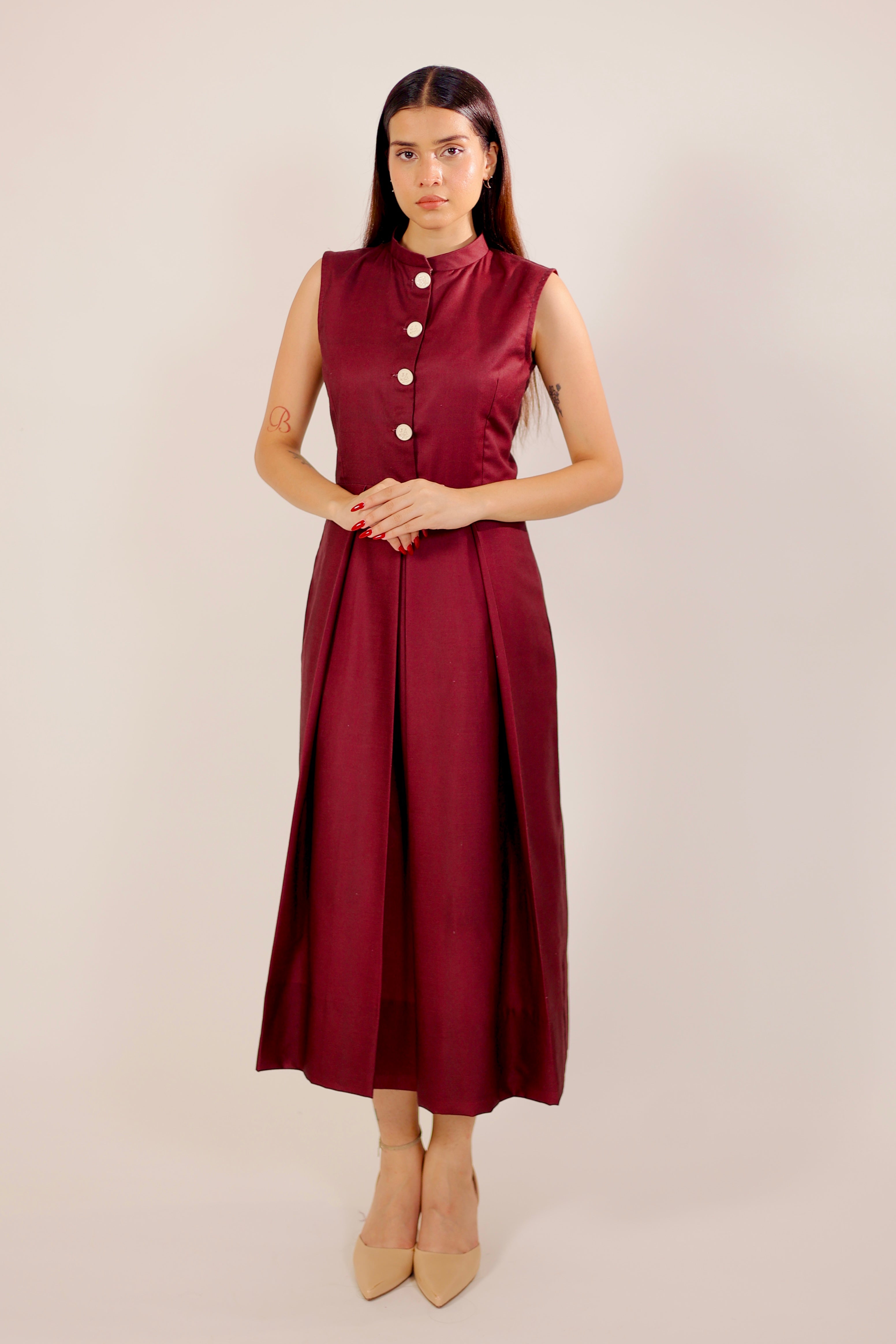 Scarlet Maroon Pleated Midi Dress