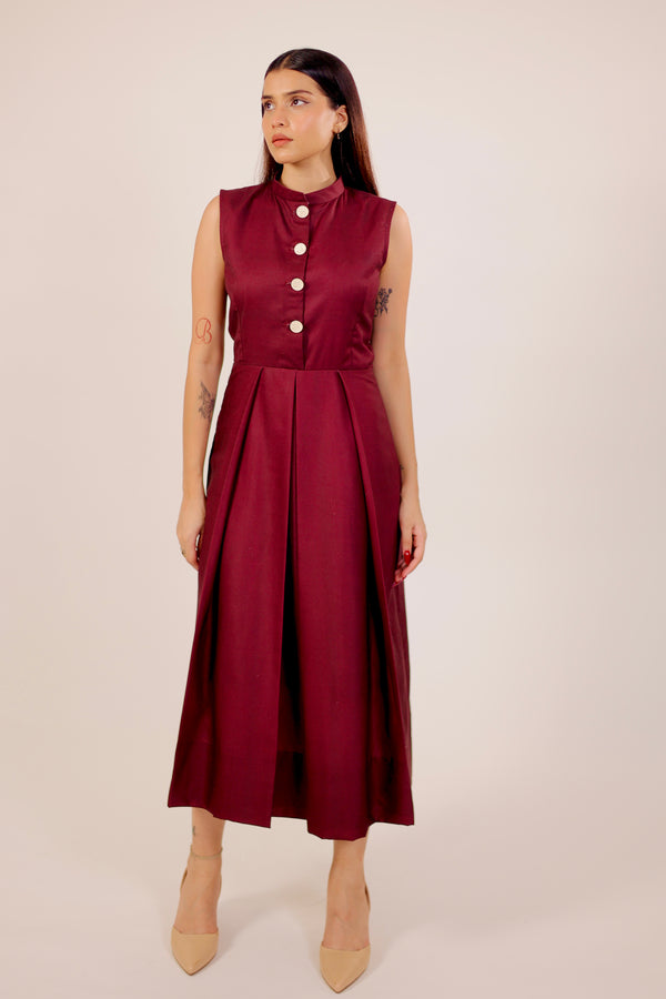 Scarlet Maroon Pleated Midi Dress