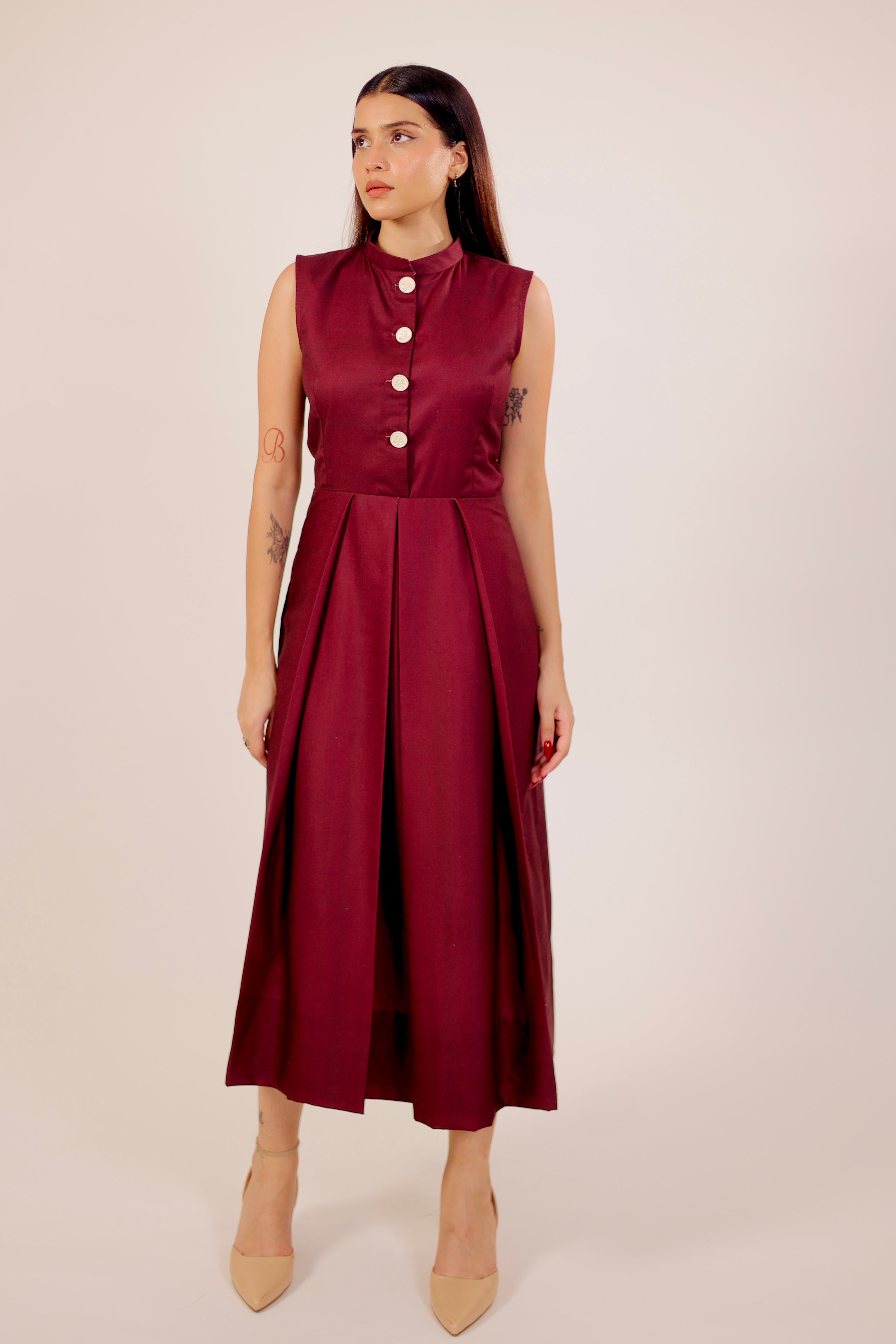 Scarlet Maroon Pleated Midi Dress