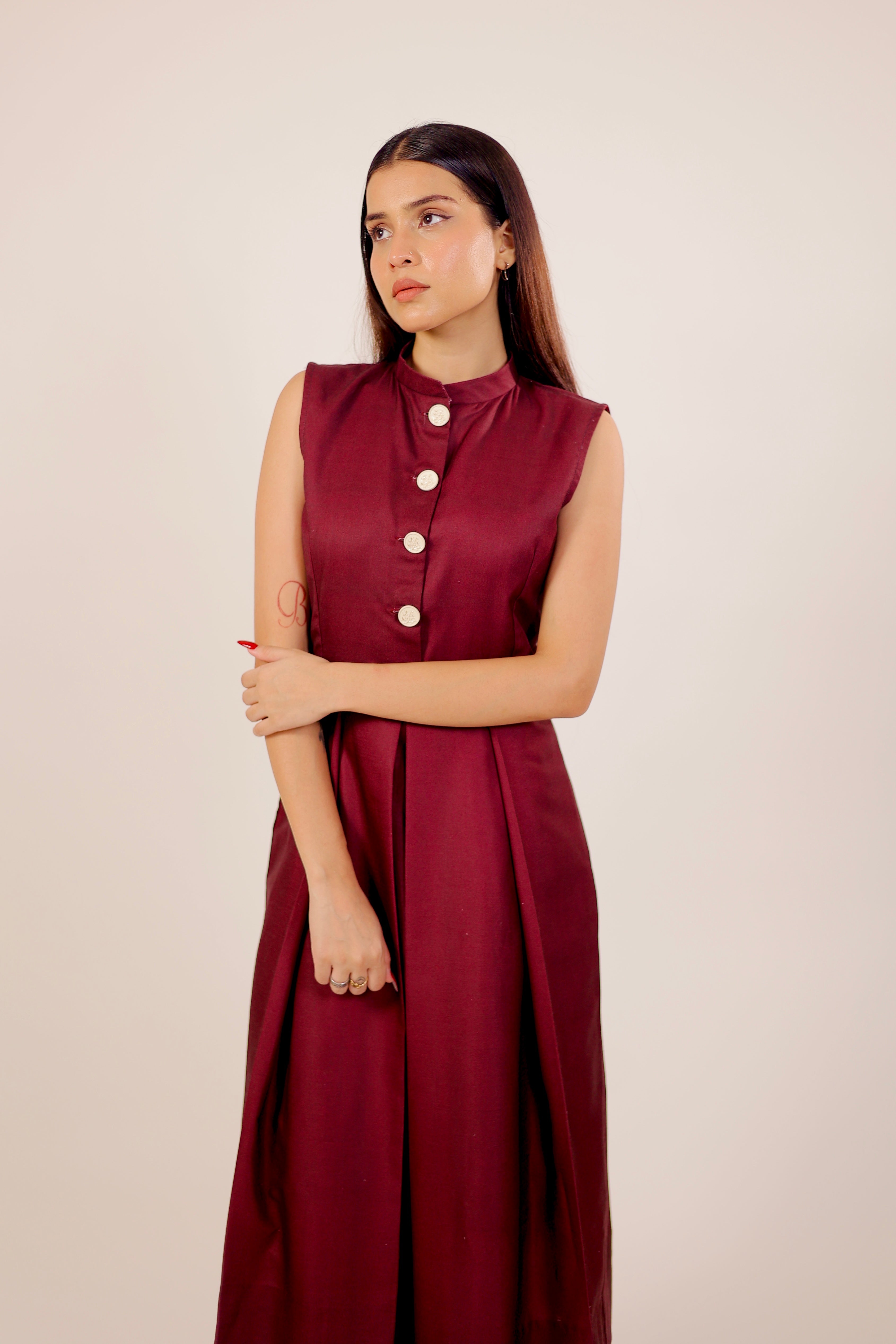 Scarlet Maroon Pleated Midi Dress