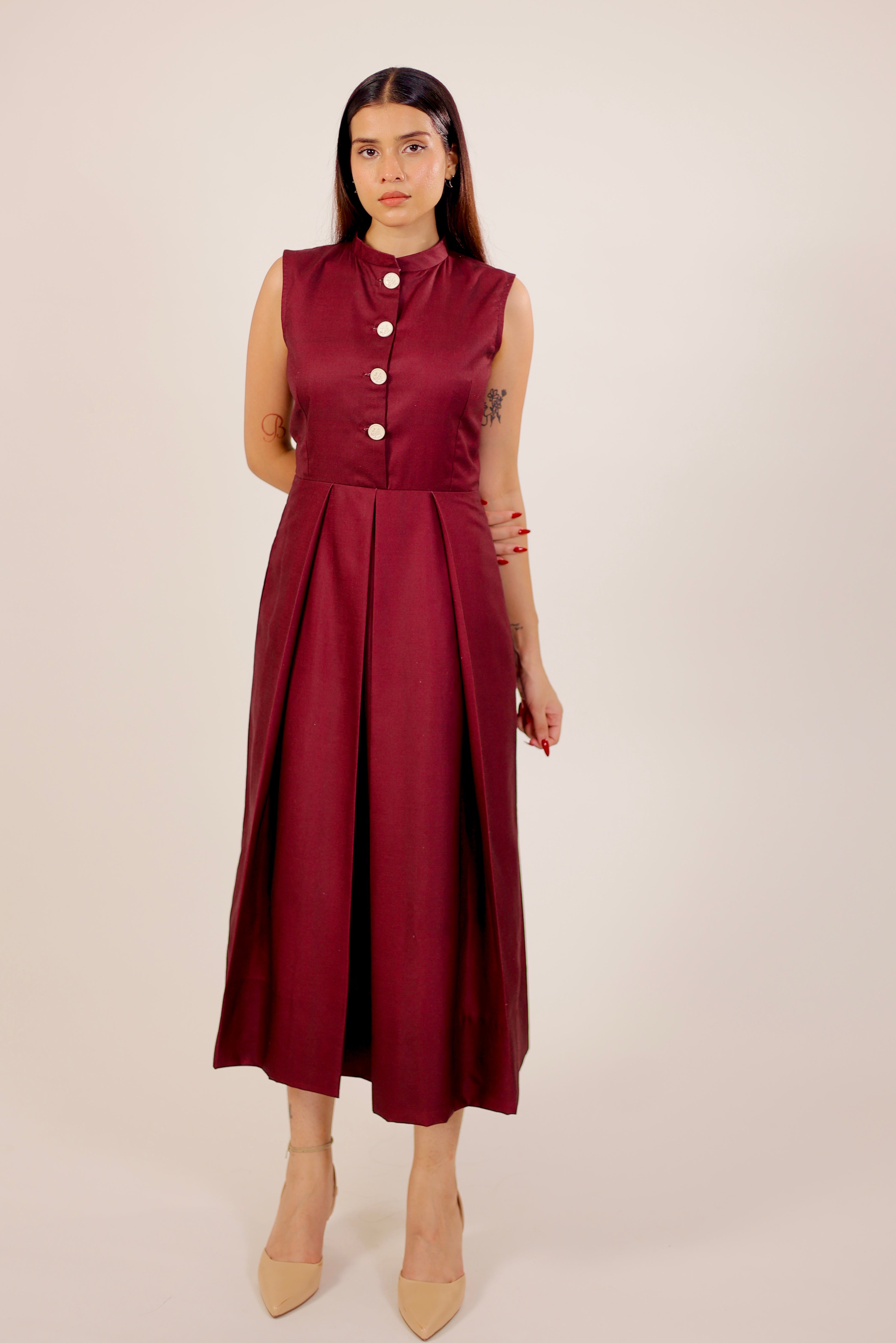 Scarlet Maroon Pleated Midi Dress