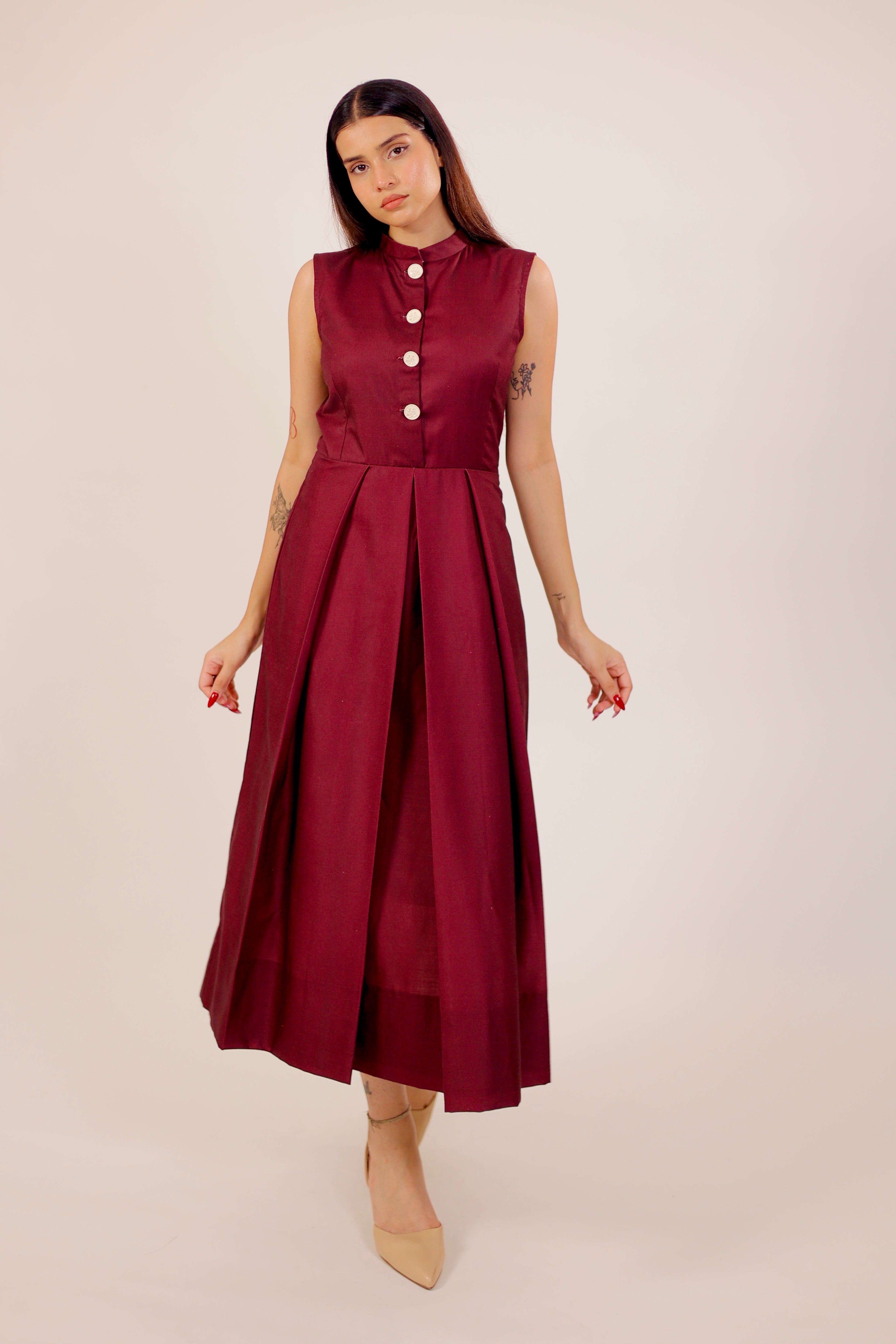 Scarlet Maroon Pleated Midi Dress