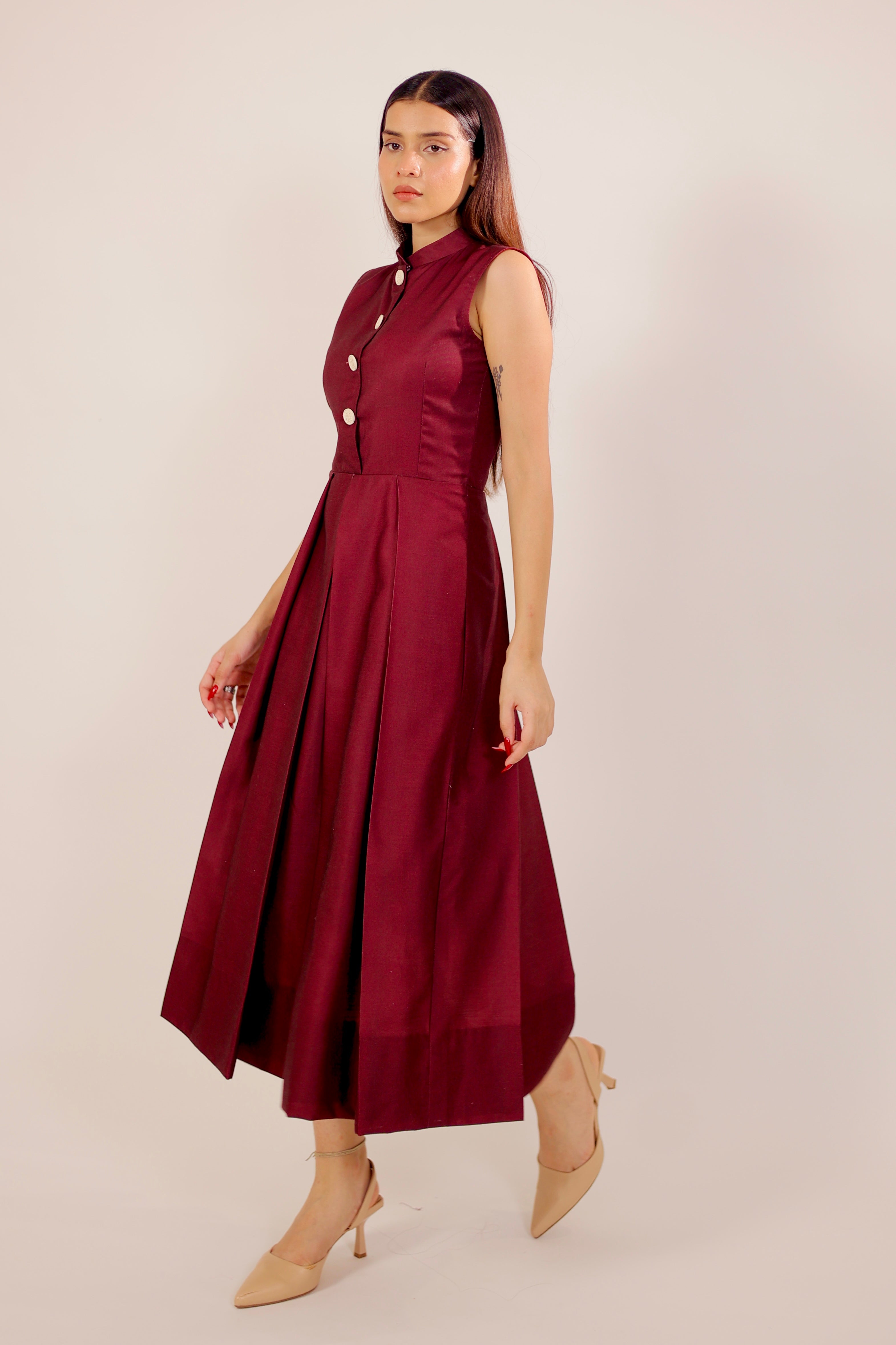 Scarlet Maroon Pleated Midi Dress