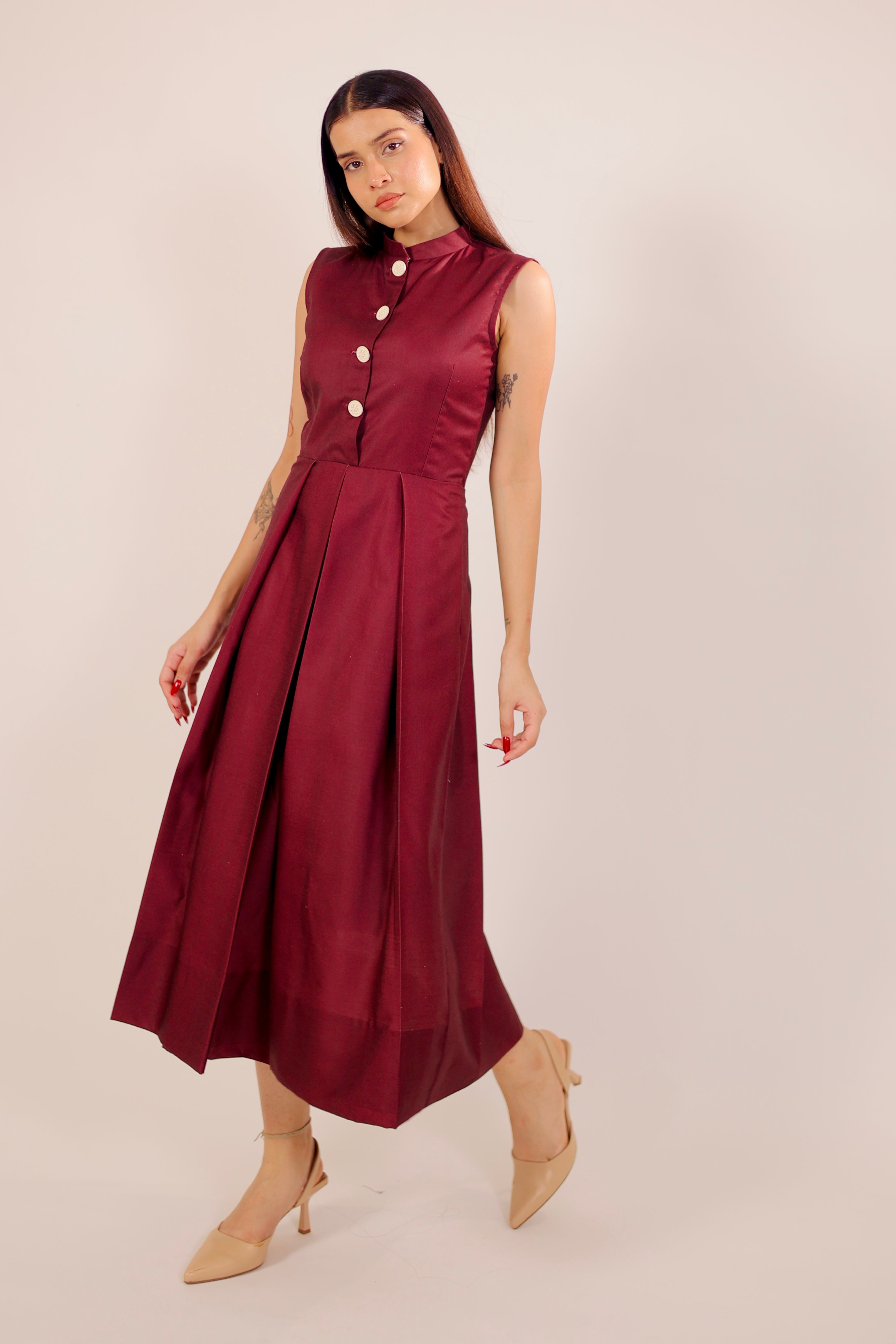 Scarlet Maroon Pleated Midi Dress