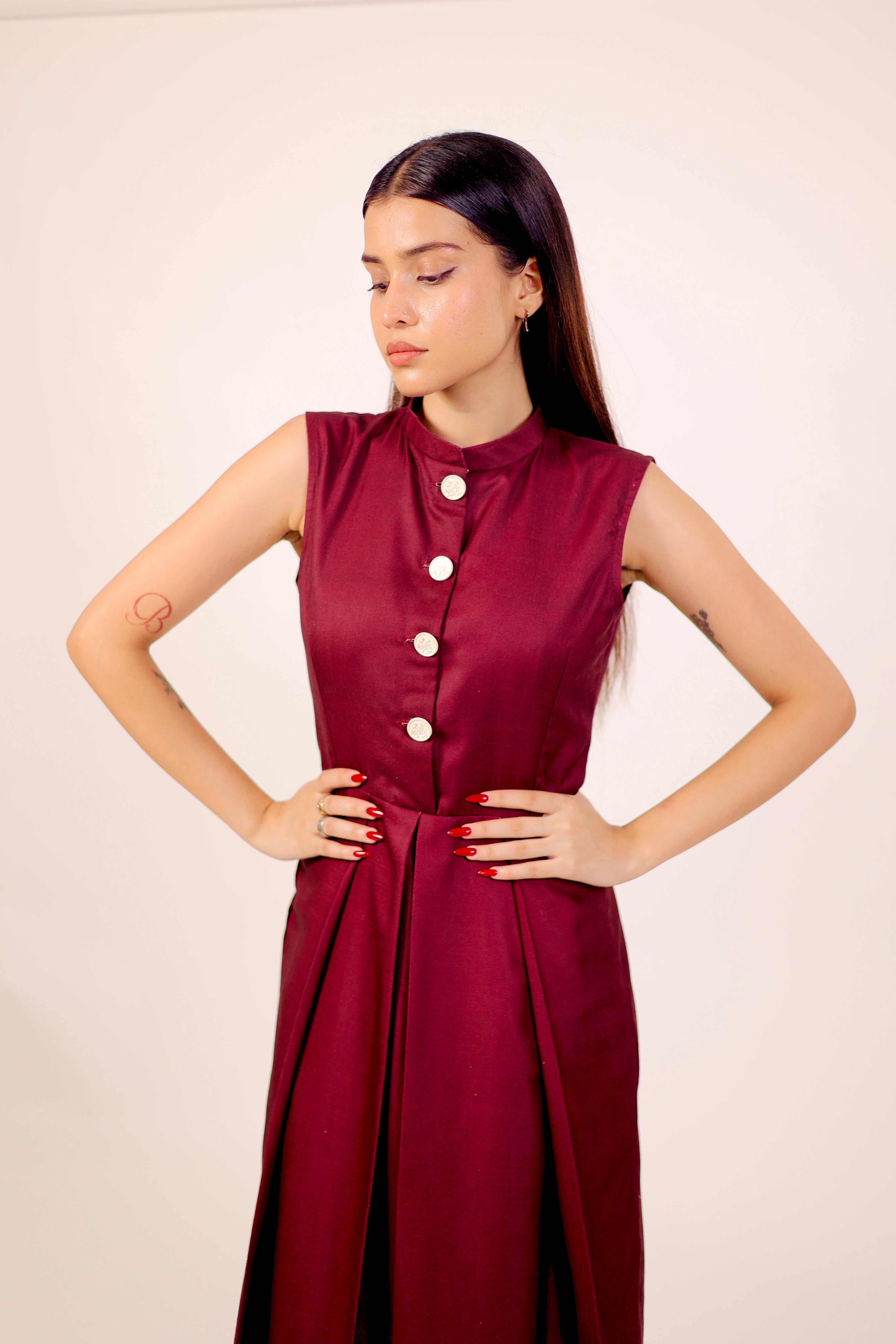 Scarlet Maroon Pleated Midi Dress