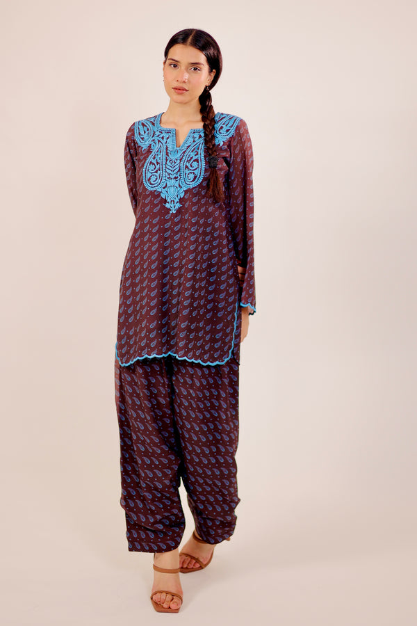 Brown Paisley Embroidered Kurta Set