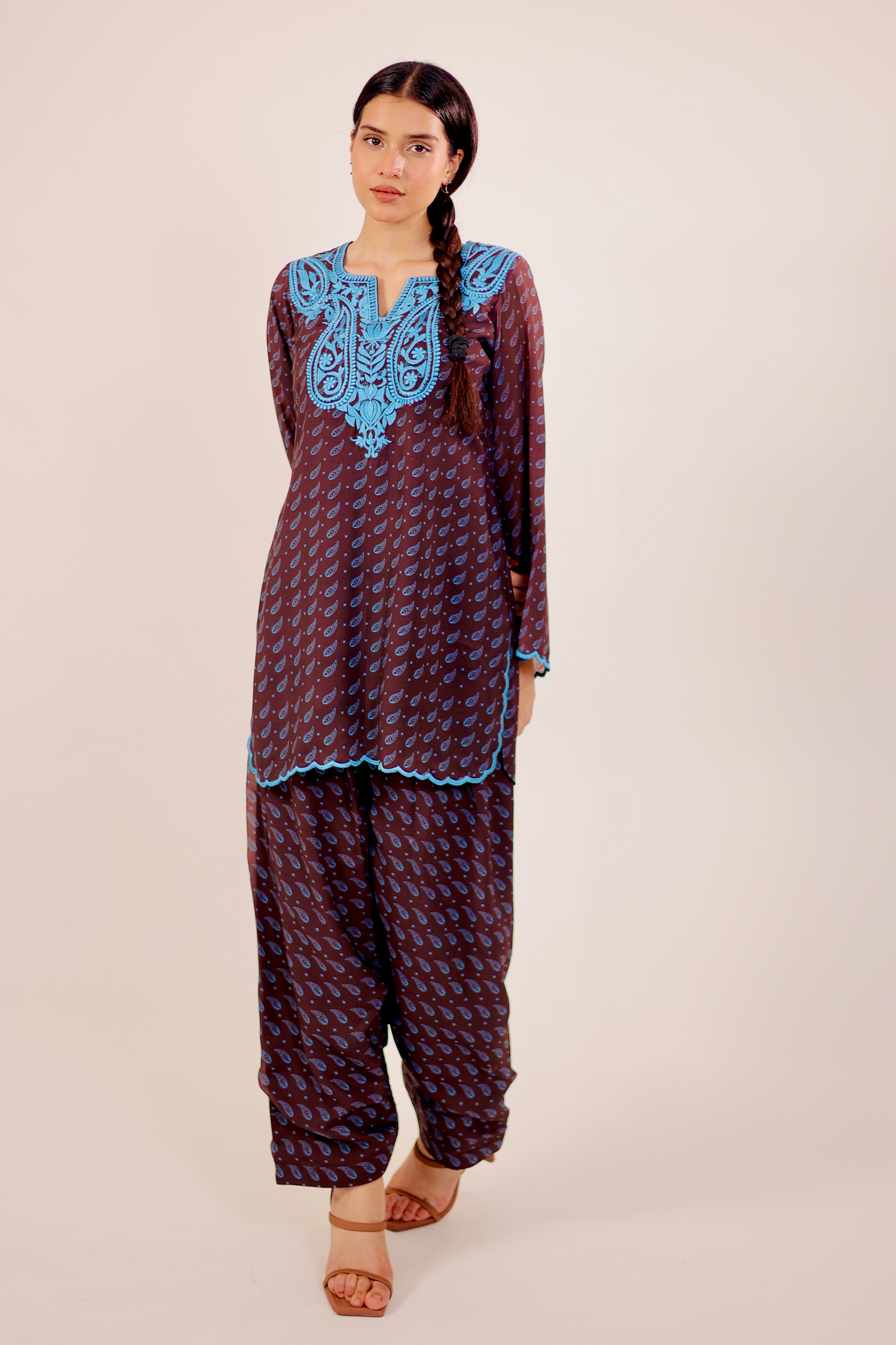 Brown Paisley Embroidered Kurta Set