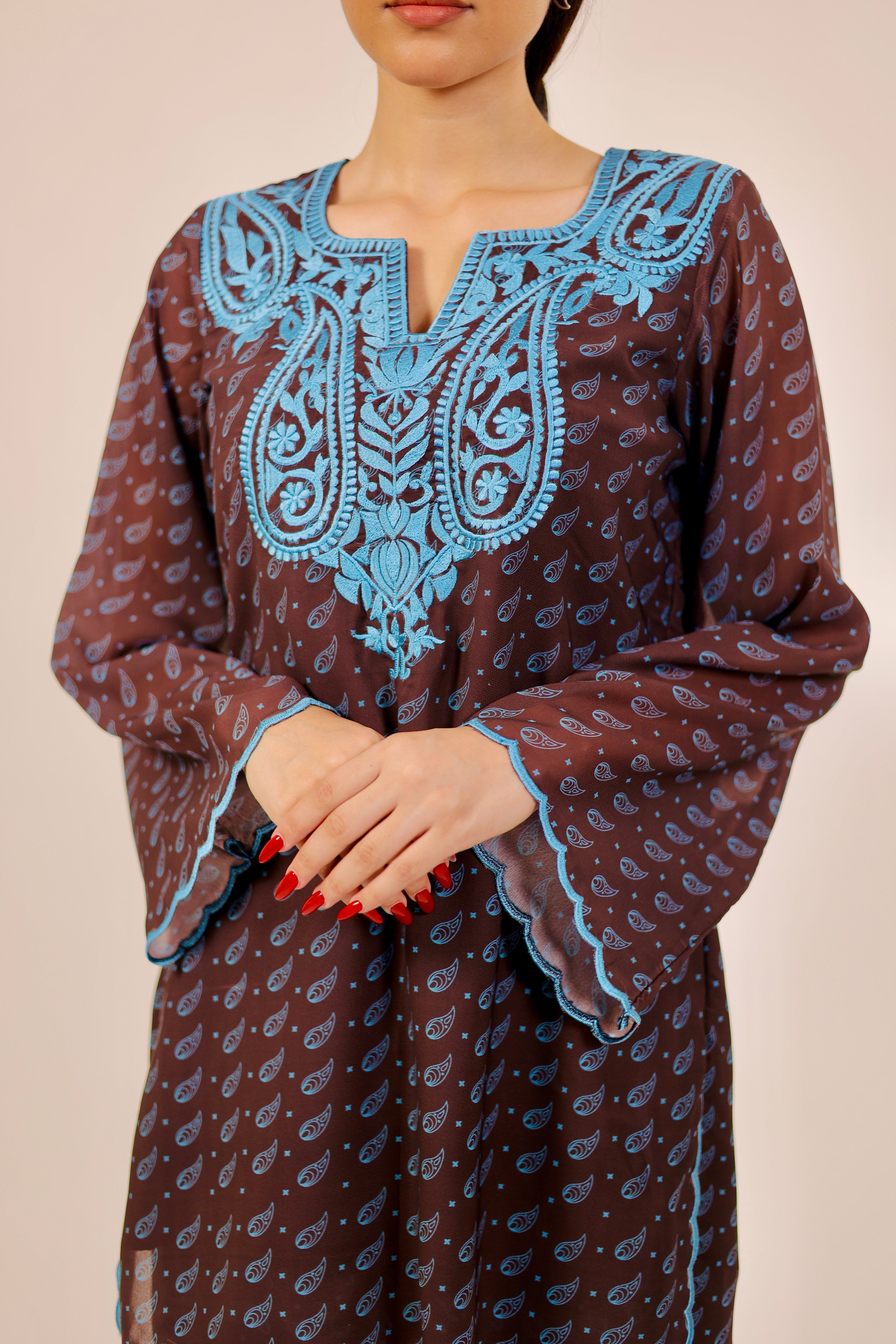 Brown Paisley Embroidered Kurta Set