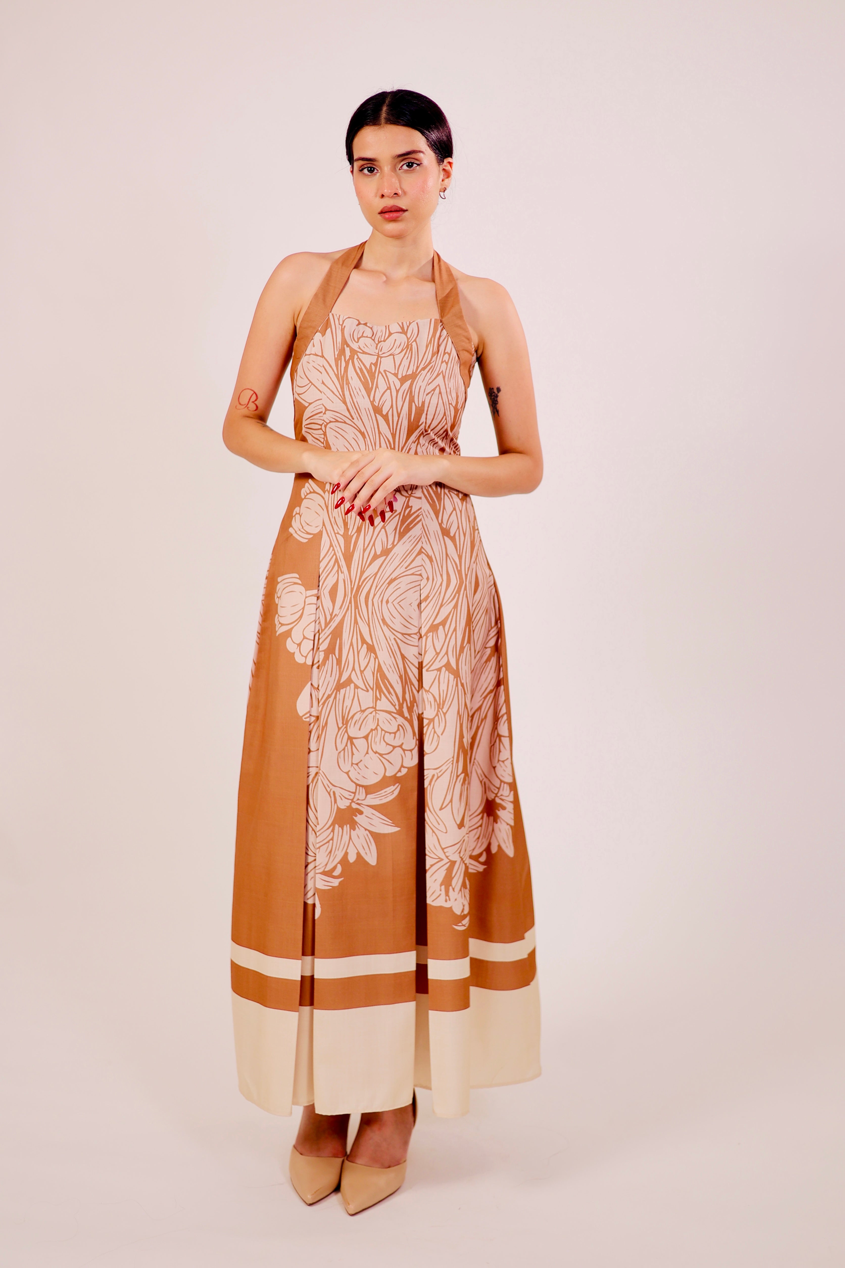 Caramel Pleated Midi Dress