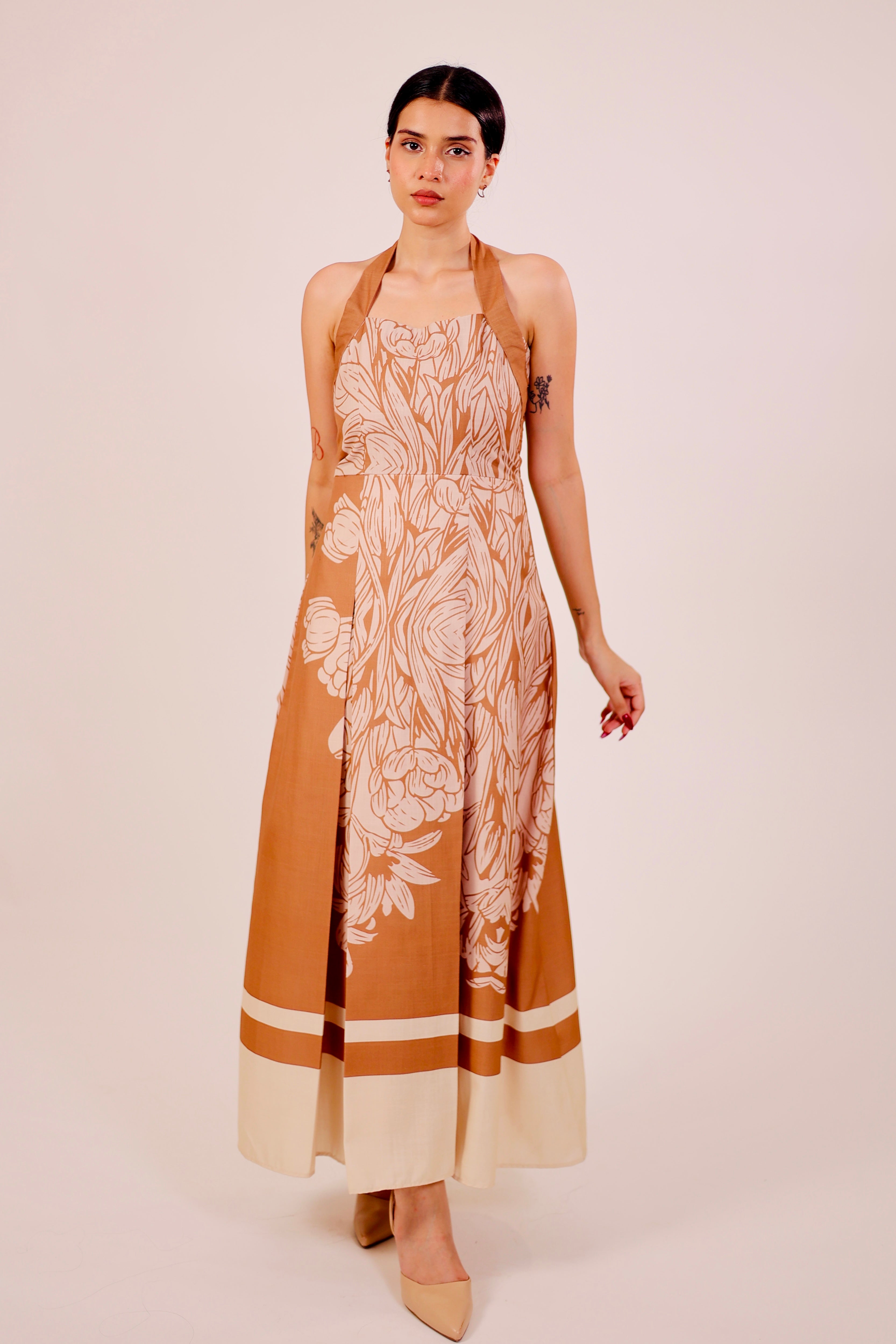 Caramel Pleated Midi Dress