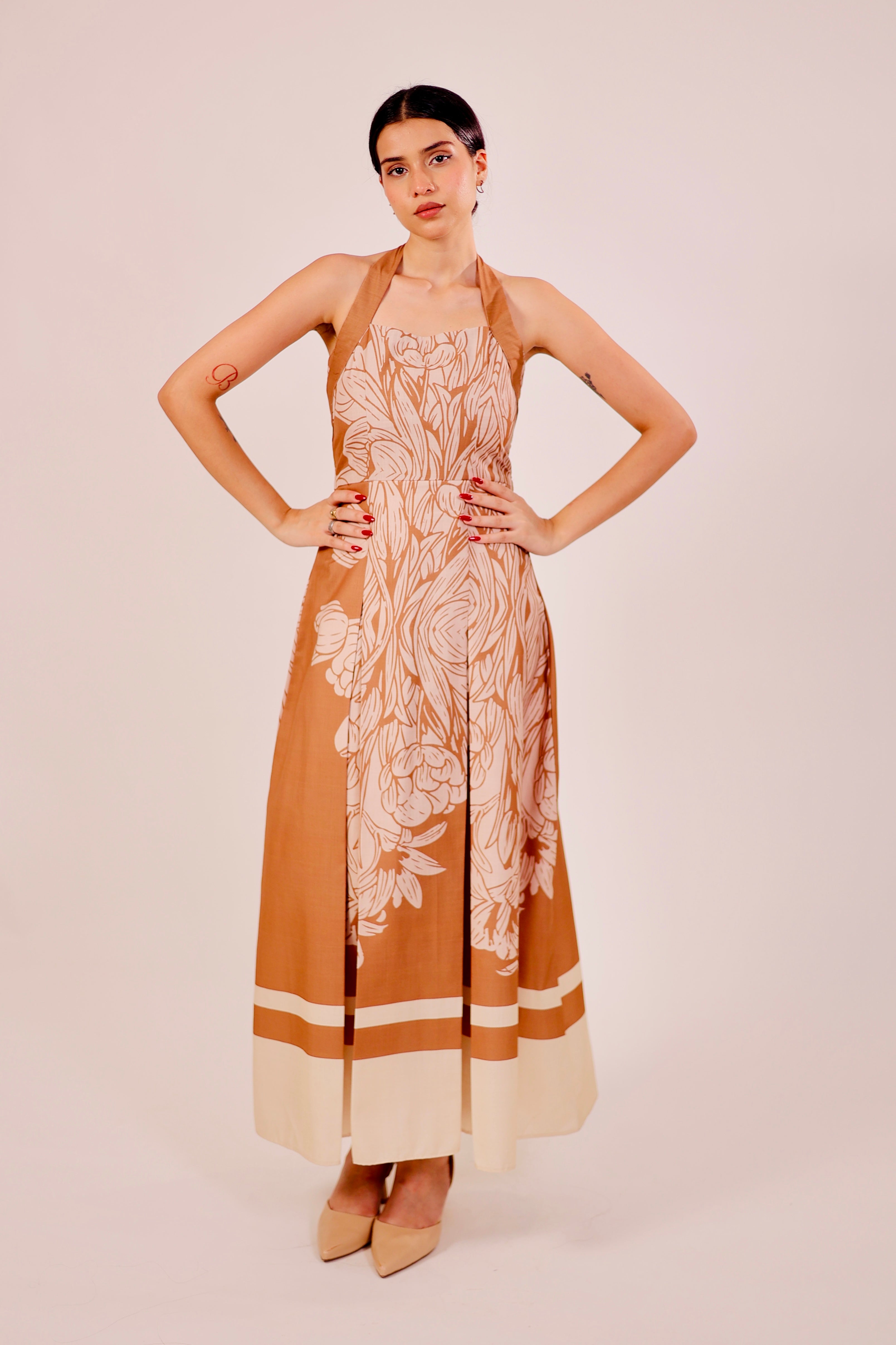 Caramel Pleated Midi Dress