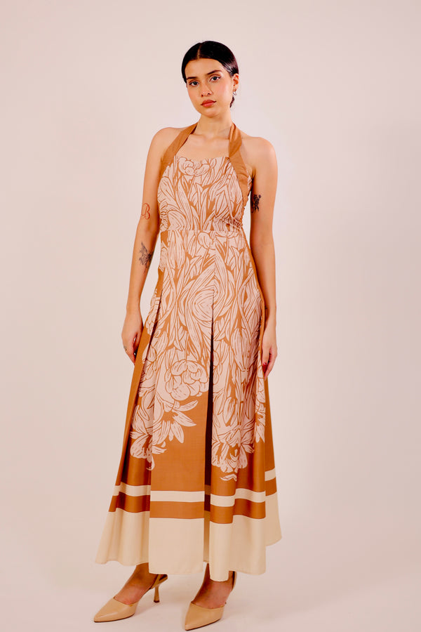 Caramel Pleated Midi Dress